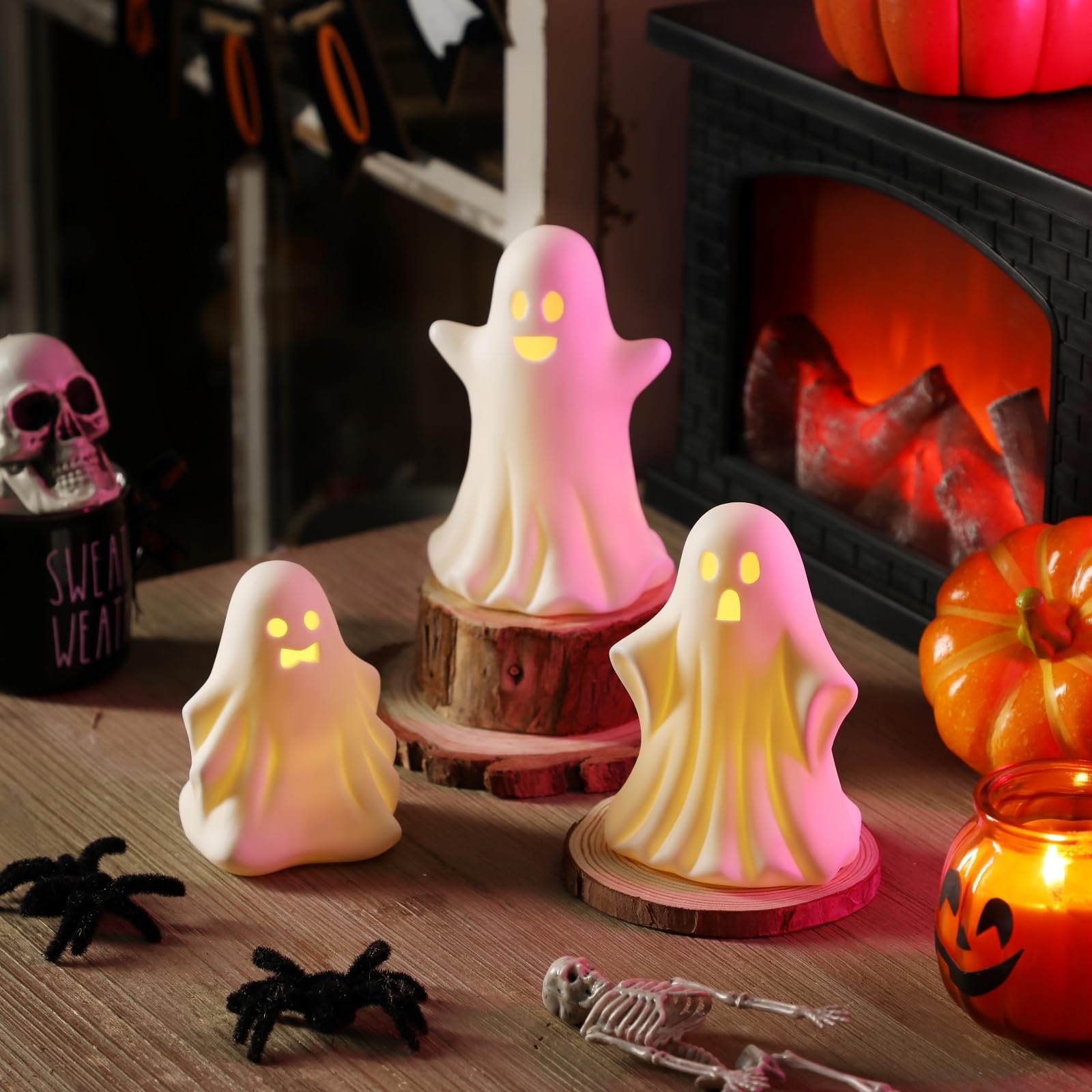 Halloween Ghost Decorations - 3 Pcs Gothic Ceramic Ghost Light Up Decor, White Ghost Figurine for Halloween Table Home Decorations Indoor