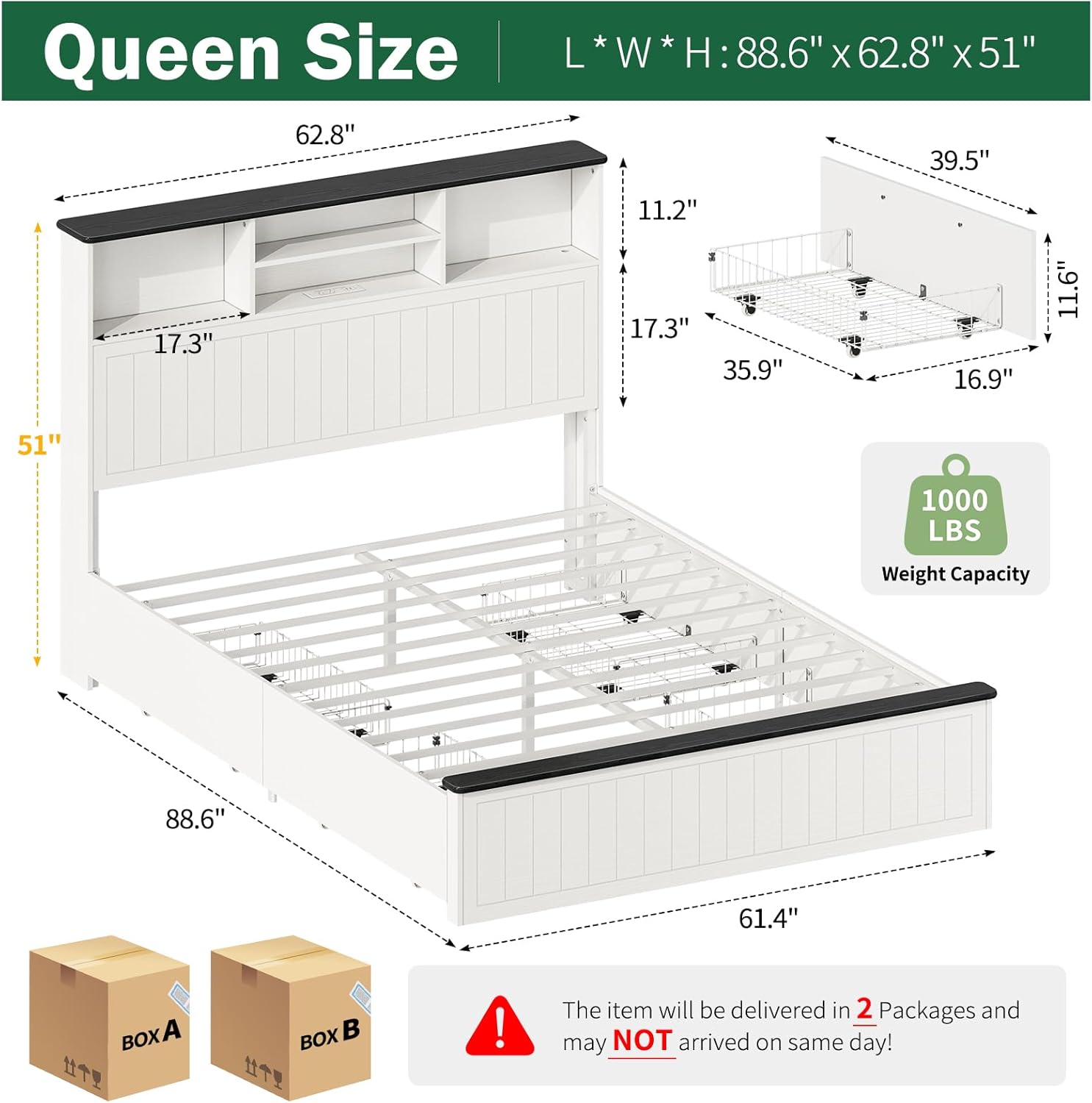 Yoobure Queen Bed Frame with Headboard - Farmhouse Wood Bed Frames Queen Size with 4 Storage Drawers, Platform Beds with Charging Station & LED Light, No Noise Double Bedframe, No Box Spring Needed