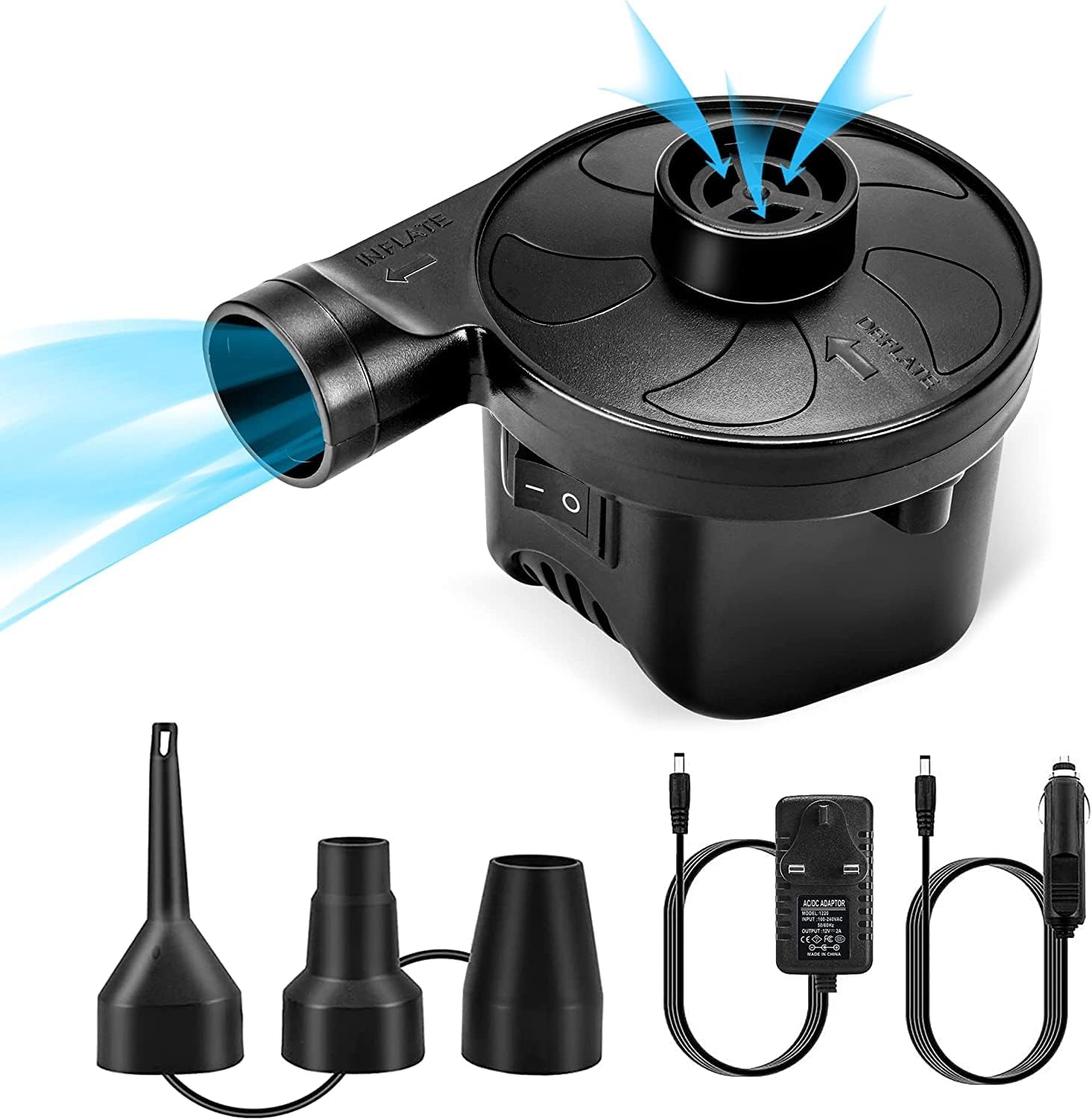 Electric Air Bed Pump 2 in 1 Inflator & Deflator, with 3 Nozzles for