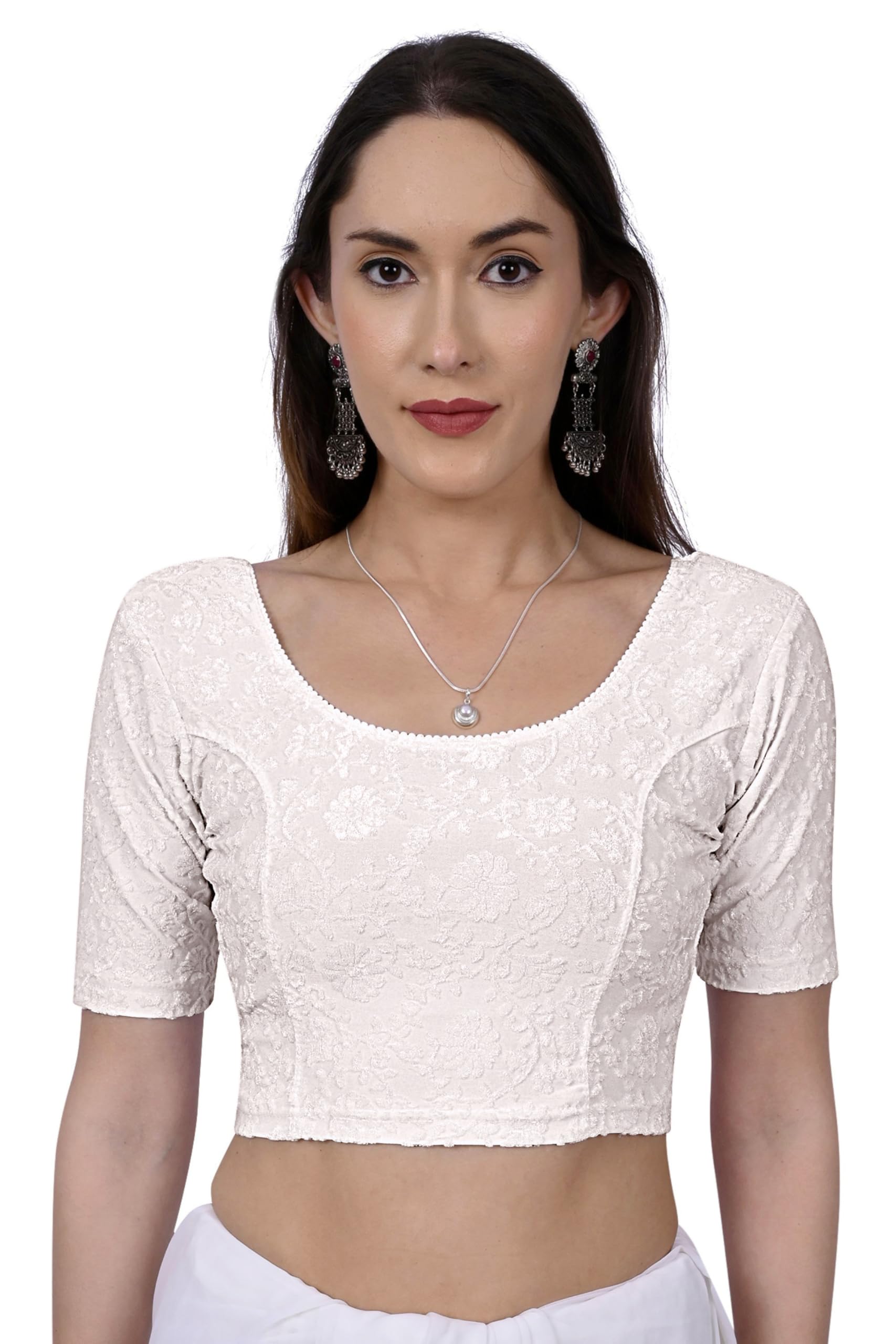 mrswears Women's Regular Fit Readymade Stretchable Floral Jacquard Round Neck Saree Blouse-picture-24