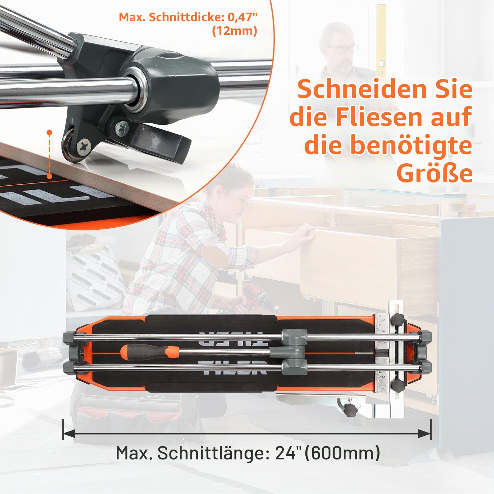 TILER 630mm Manuell Fliesenschneider,25 Zoll Profi Fliesenschneidmaschine mit Hartmetall-Schneidrad,Doppel-Stützfüße, Präziser Fliesenschneider für Keramik & Porzellan