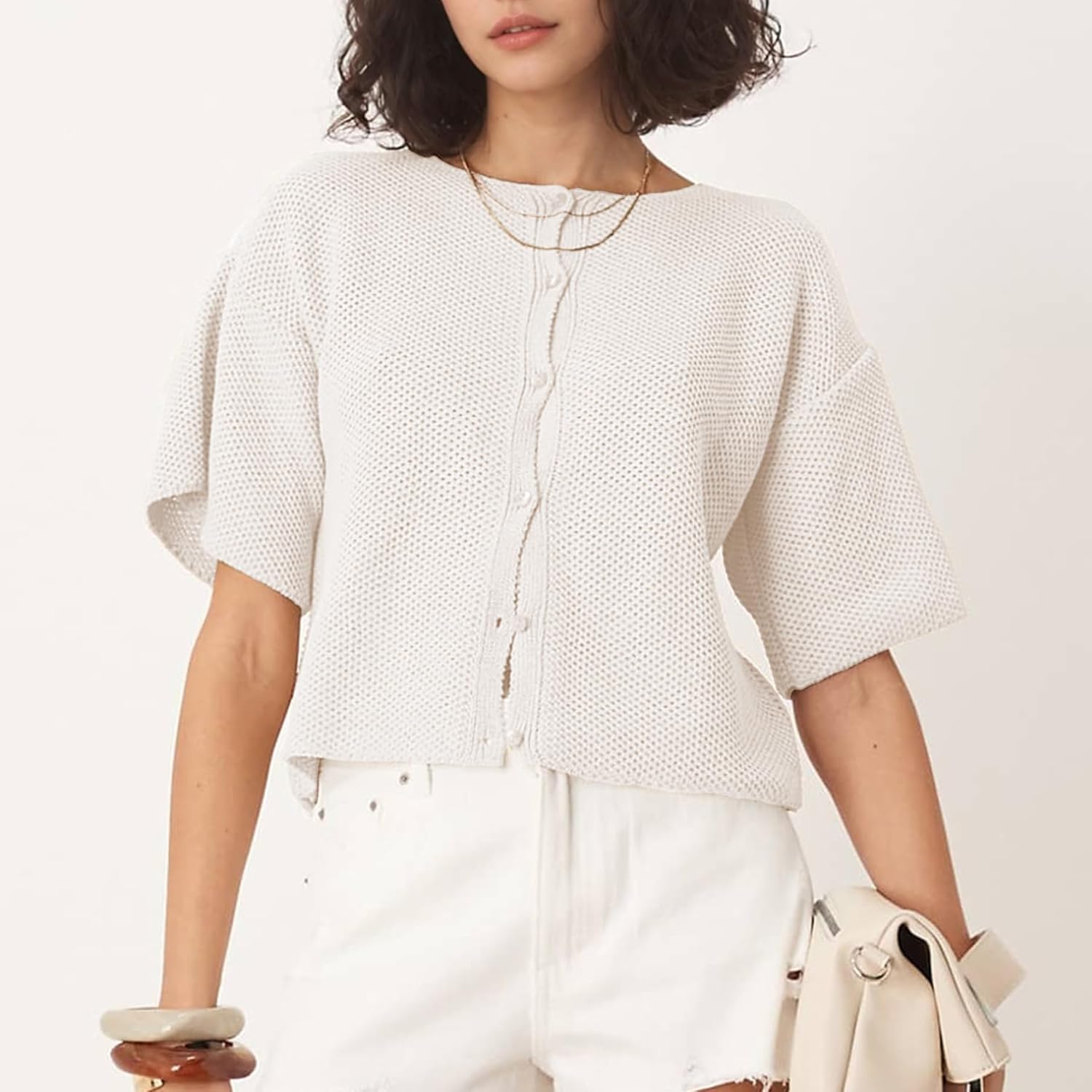 Ainangua Womens Casual Cardigan Summer Short Sleeve Crew Neck Button Down Knit Sweater Tops Lightweight Travel Outfits - Image 6