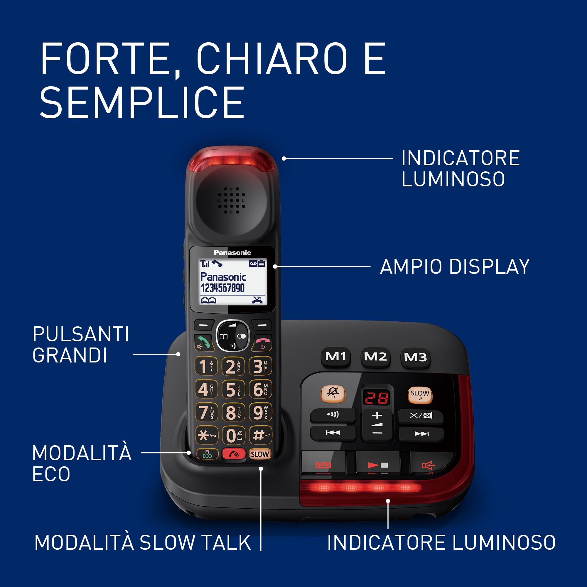 Panasonic KX-TGM420EXB Telefono Cordless Digitale con Segreteria Telefonica Digitale, Unità Base e Ricevitore Singolo, Volume Alto, Modalità Conversazione Lenta, Compatibile con Apparecchi Acustici