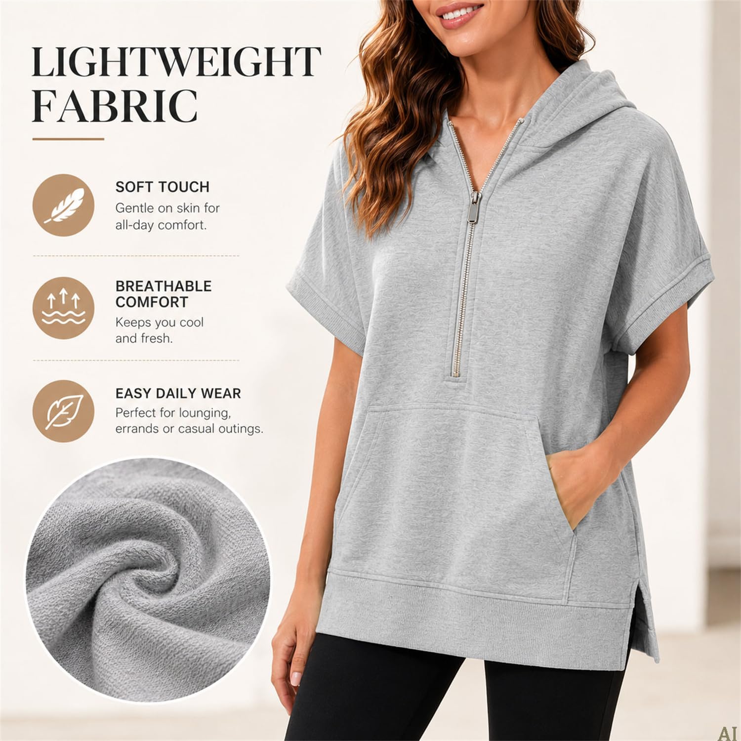 Generisch Oversized damska bluza z kapturem z zamkiem błyskawicznym do połowy długości, sweter z krótkim rękawem z zamkiem błyskawicznym i kieszenią na co dzień