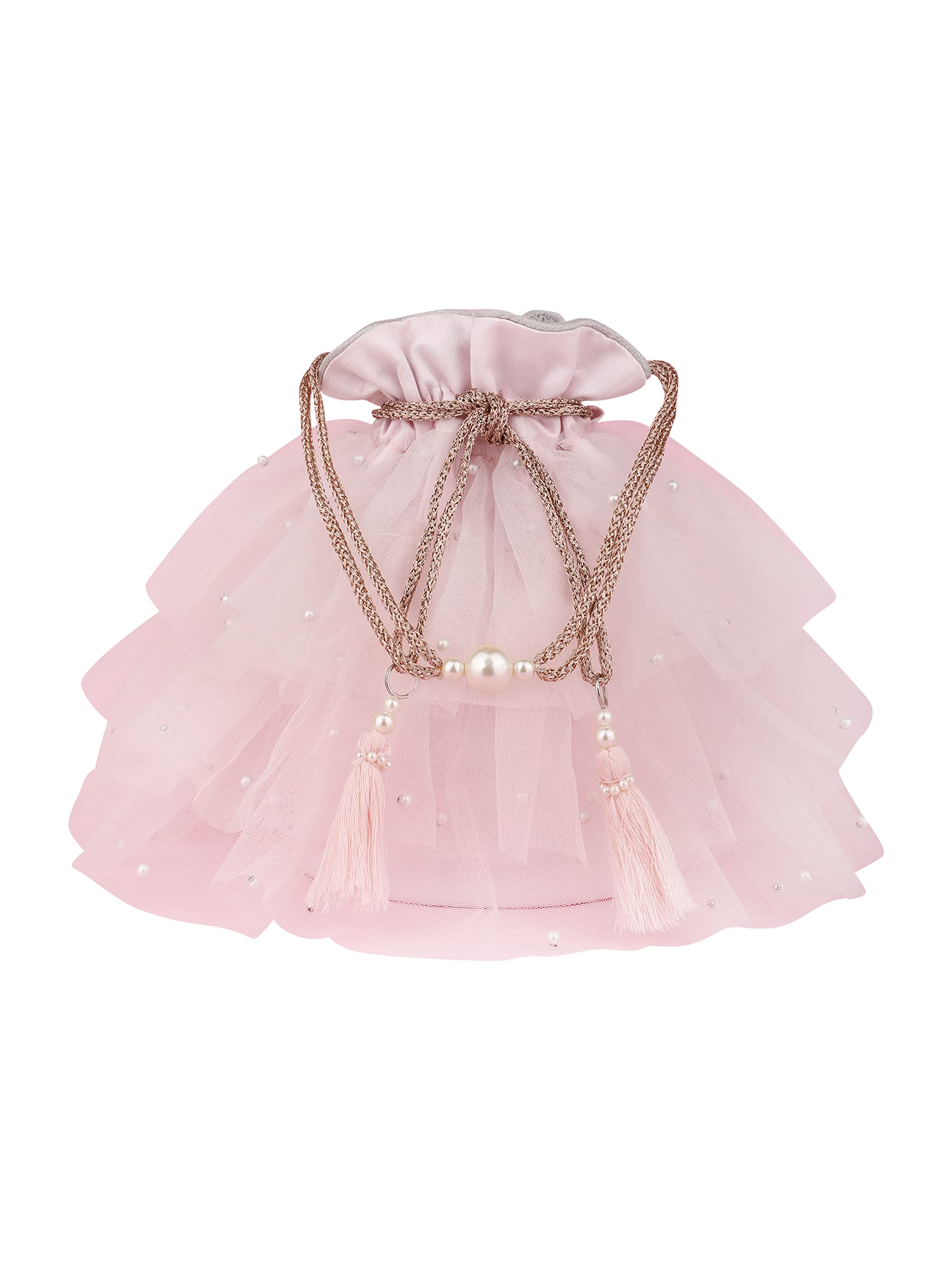 Embroidered Frill Potli Bag for Women and Girls, Handcrafted, Designer, Durable, Functional & Trendy with Ample Storage, Blue, Pink and Gold