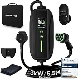 EV Charger 3 Pin Plug | Portable EV Charger Type 2, 3kW | Single Phase, Cabel, 6-13A | Electric Car Charger | Home Car Charger | Fast Charging, Compact, Travel-Friendly (3kW, 5,5 Meter)