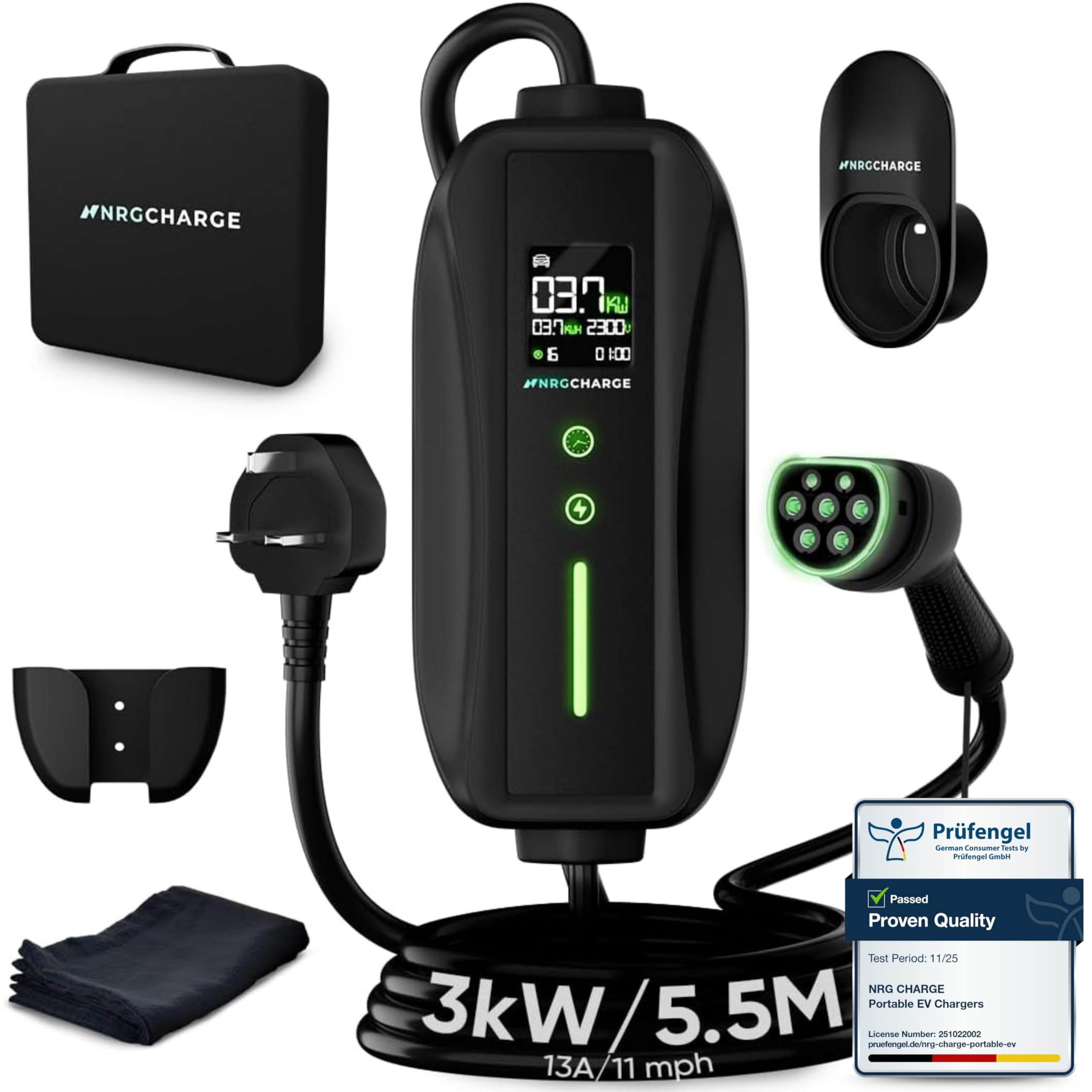 EV Charger 3 Pin Plug | Portable EV Charger Type 2, 3kW | Single Phase, Cabel, 6-13A | Electric Car Charger | Home Car Charger | Fast Charging, Compact, Travel-Friendly (3kW, 5,5 Meter)