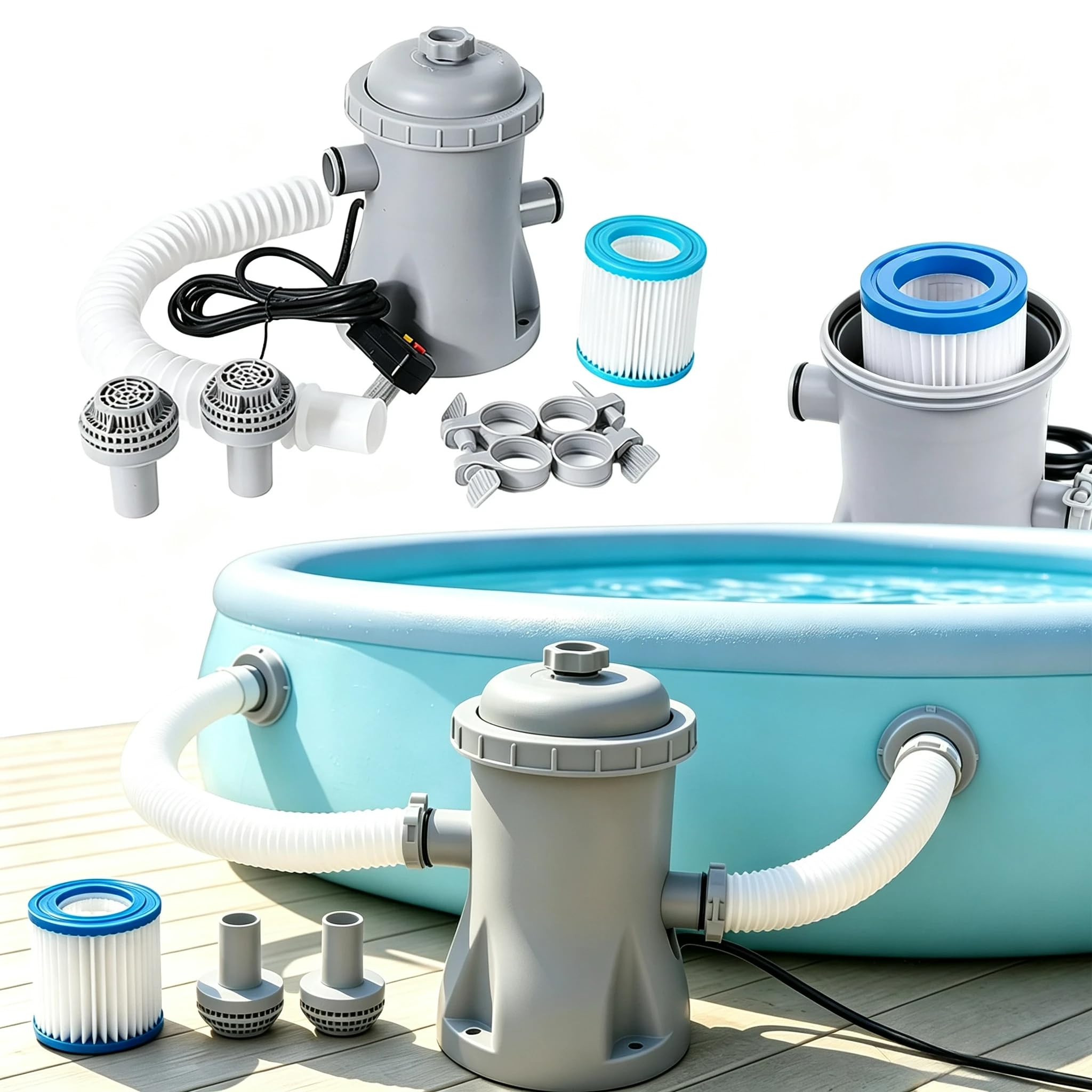 Pompe Pour Piscine, Pompe Filtration Piscine Hors Sol 330 Gph, Avec Cartouches RéUtilisables, Il Assure Une Filtration Silencieuse Et Efficace Pour Piscines Petites Et Moyennes (1set)
