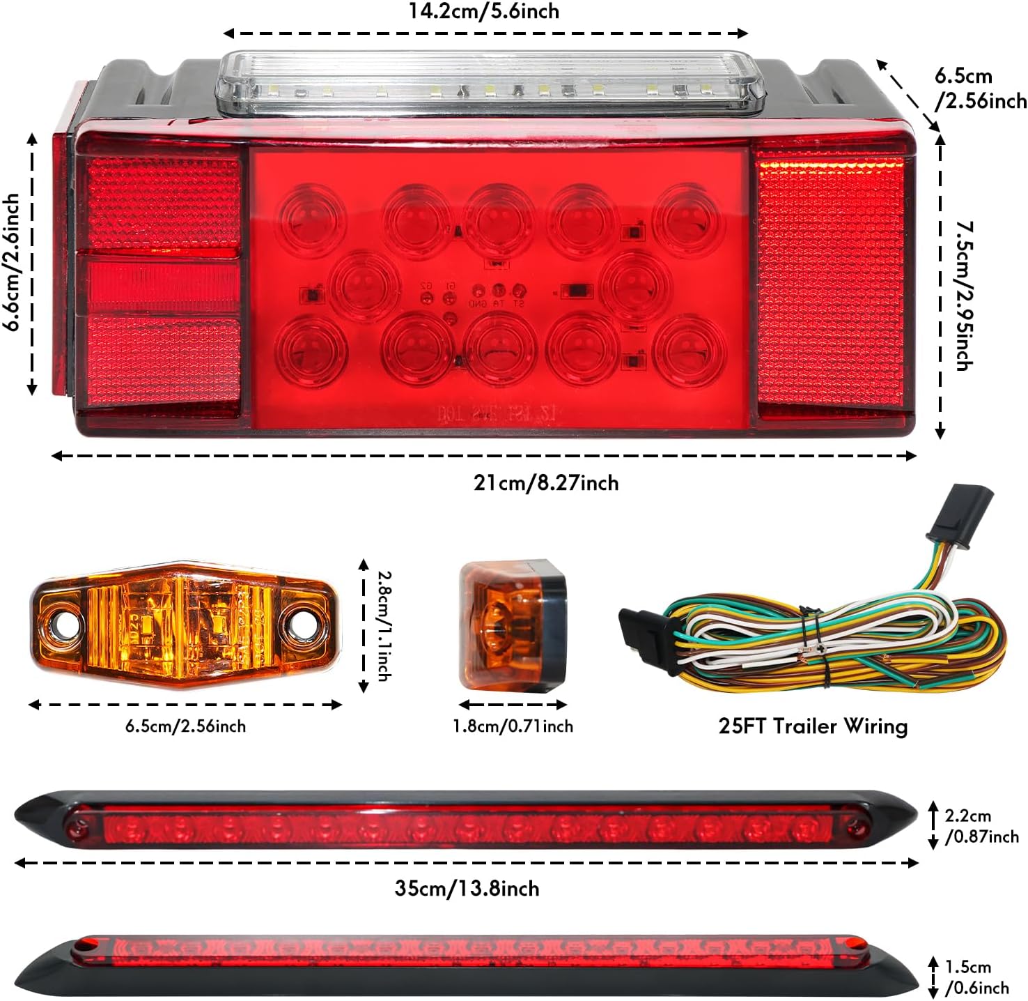 LED Trailer Light Kit,Submersible IP68 Waterproof Boat Trailer Lights,Super Bright Stop Brake Turn Tail License Plate,4 Amber+2 Red Marker Lights,LED Bar,25FT Wiring Harness,Under 80"