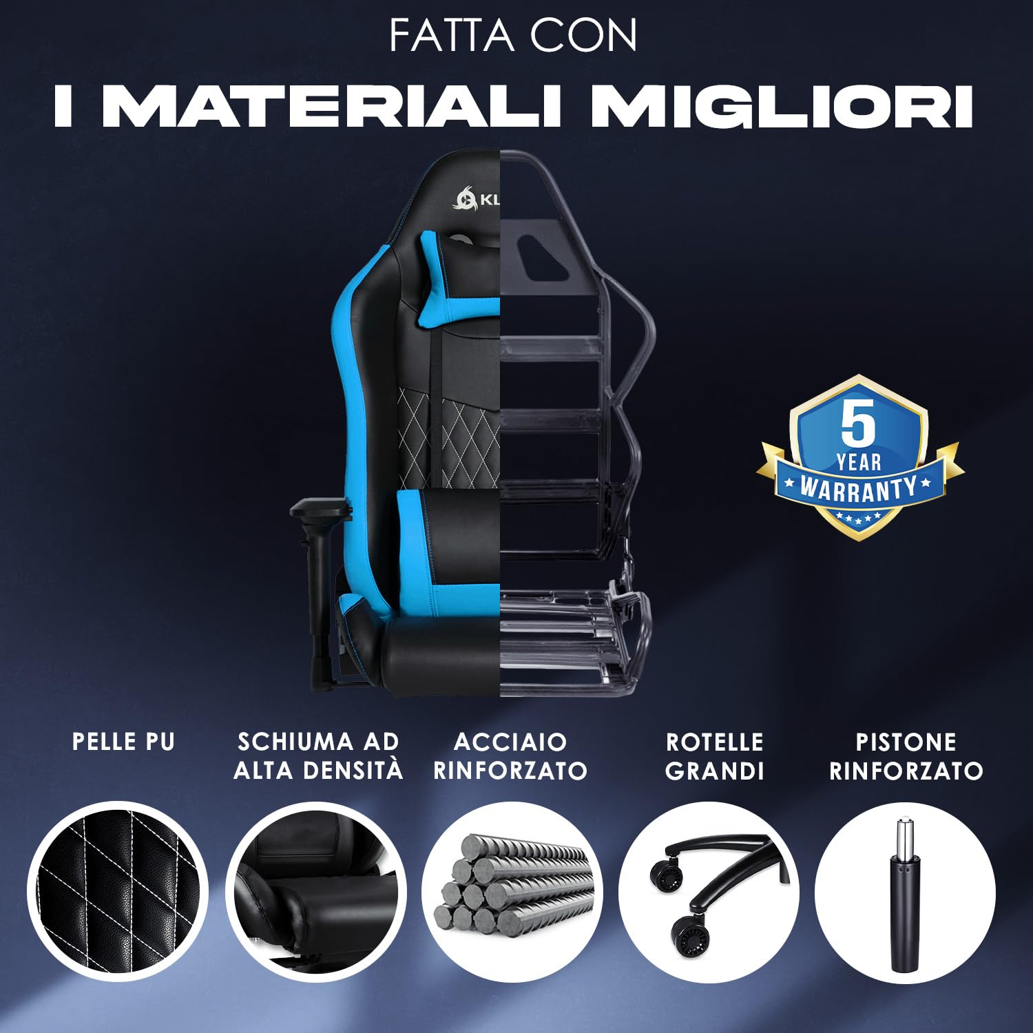 KLIM eSports - Sedia gaming blu di Alta Qualità + Supporto Lombare e Cervicale + Reclinabile + Poltrona Gaming Ergonomica e Regolabile + Pelle Sintetica e Materiali Premium [NUOVA VERSIONE]