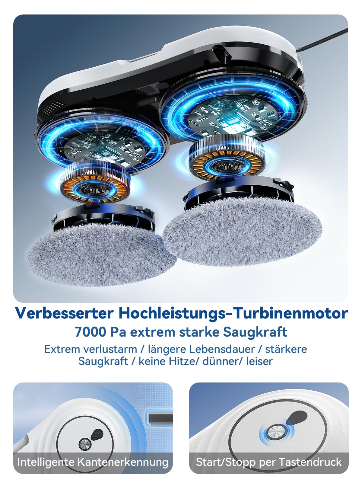 Keero Fensterputzroboter, 7000 Pa Saugkraft, Elektrischer Fensterreiniger Roboter mit Turbinenmotor, Doppelhelix-Reinigung, Ultradünn, Window Cleaning Robot, 10 Reinigungstücher, Modell WD12D