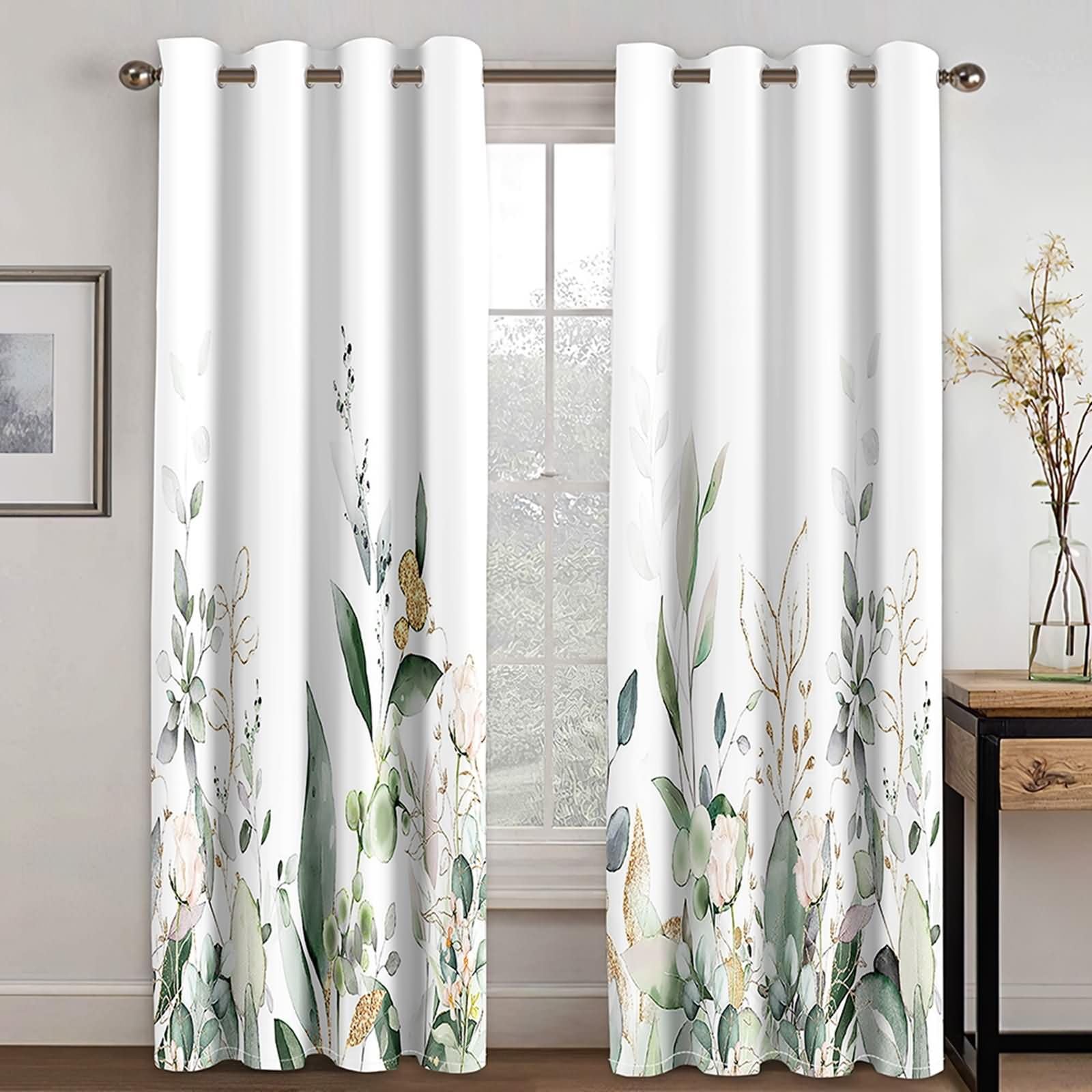 Rideaux de Cuisine Occultant 2 Pieces,2 x 102W x 244H CM,Rideaux a Oeillet Motif de Fleurs et de Feuilles Rideau de Salle Vert Blanc