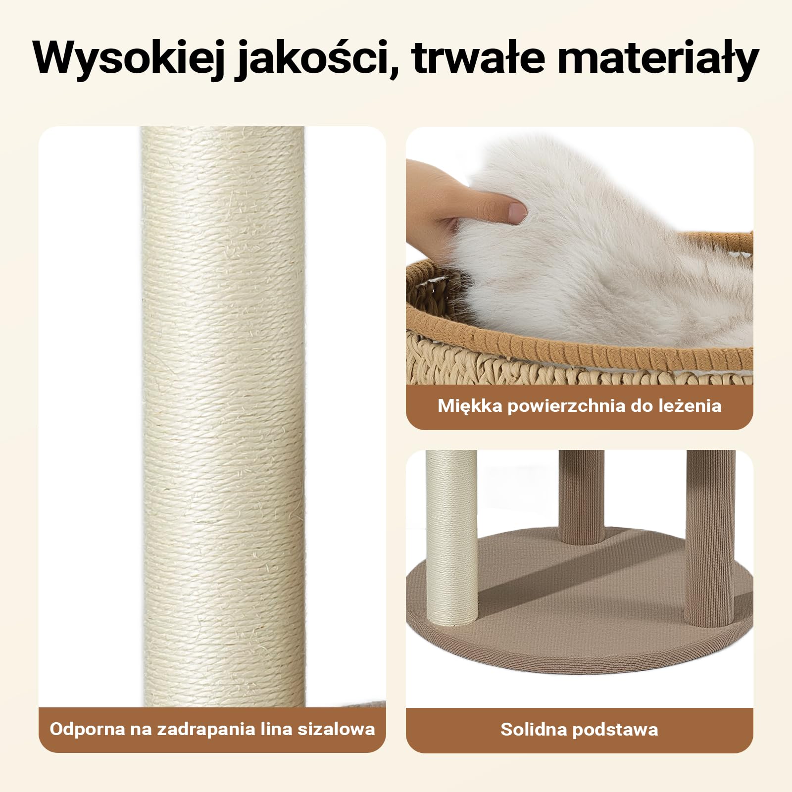 Fudajo Forest Lodge drapak o wysokości 168 cm w kolorze beżowym, drapak z domkiem dla kota, legowiskiem, hamakiem, przezroczystą wnęką do leżenia oraz słupkami do drapania z papierowej liny
