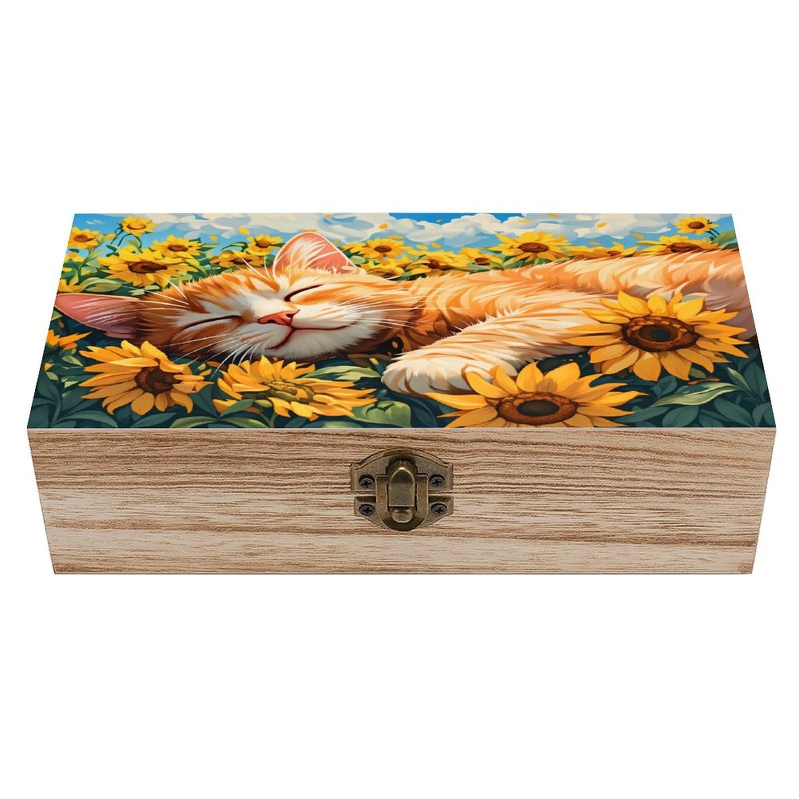 asbwuo Sunflowers And Cats Vintage Wooden Keepsake Box