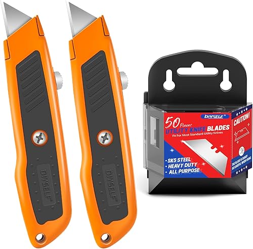 DIYSELF Juego de 2 cortadores retráctiles, cuchillo utilitario retráctil con 50 hojas de cuchillo utilitario, cuchillas de acero SK5, cuchillo