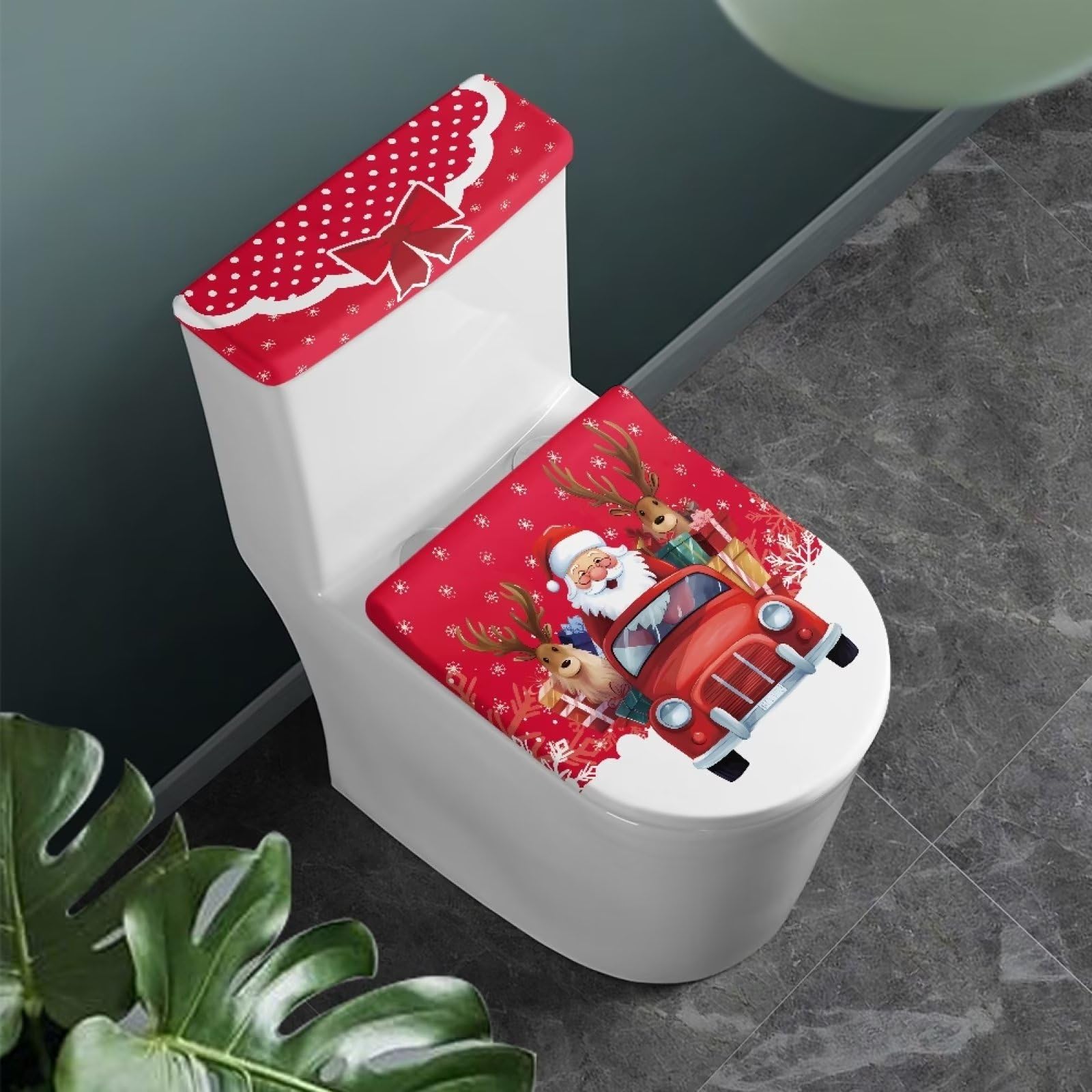 Suhoaziia Santa Claus Red Truck Toilet Lid Cover&Toilet Tank Lid Cover 2Pcs Toilet Cover Set Christmas Decor Polyester Spandex Fabric Washable Elasticized Cloth Toilet Seat Cover for Bathroom