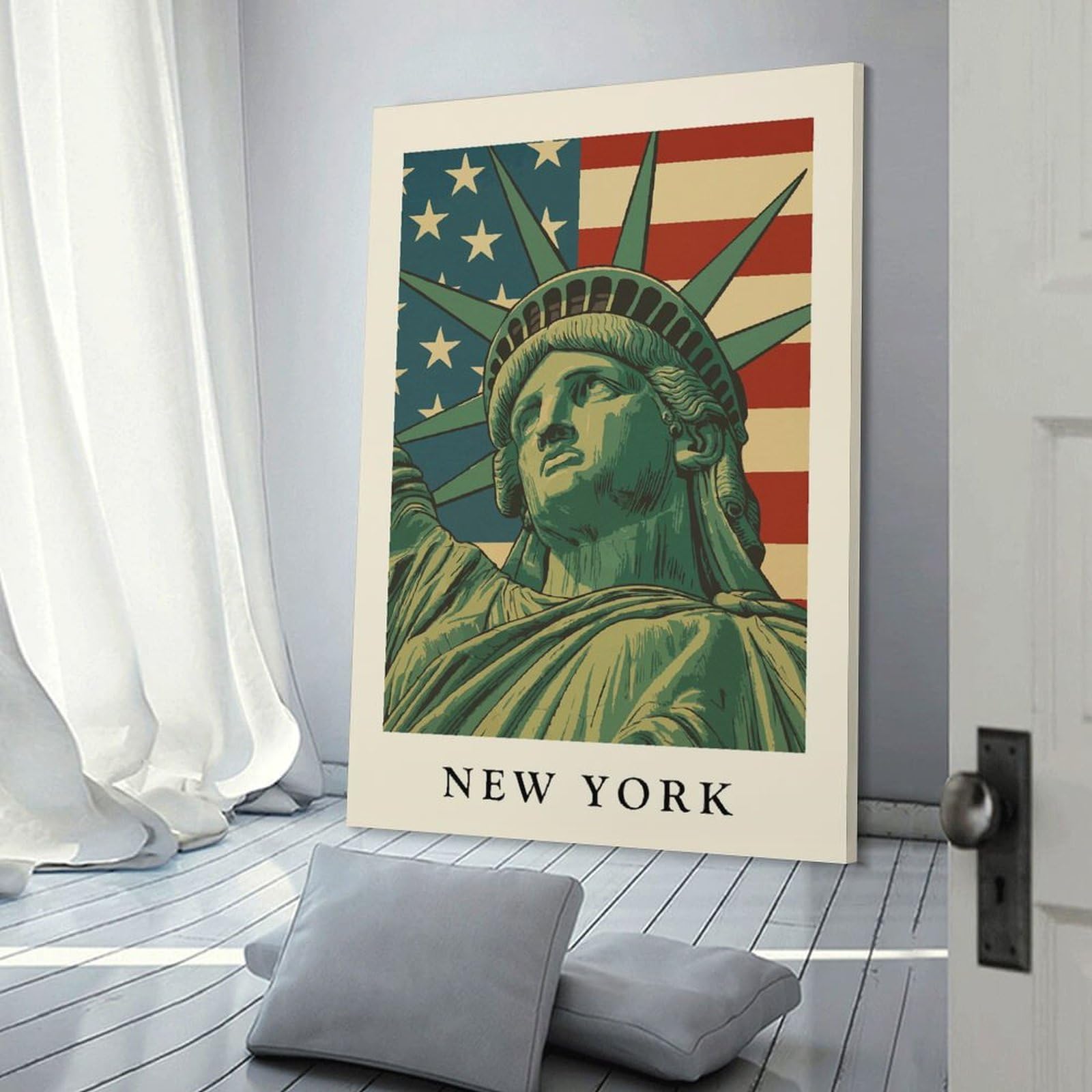 Junmoney Wall Picture Print Statue of Liberty with American Flag, 12x18inch(30x45cm), for Workspace Walls, Study Corners Or Bedrooms, A Smart Decor Choice for Study Walls