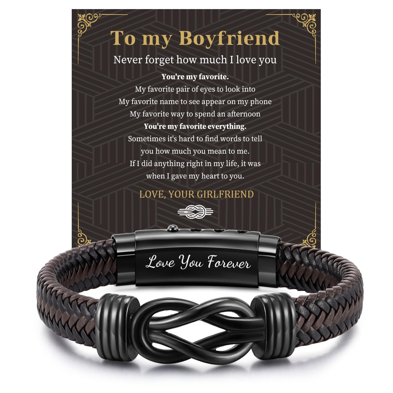 Men's Bracelets Gifts for Men - Brown Braided Leather Infinity Knot Bracelets Engraved Love Massage for Son Daddy Man Brother Husband Boyfriend, Personalised Mens Bracelets Gift for Birthday Christmas