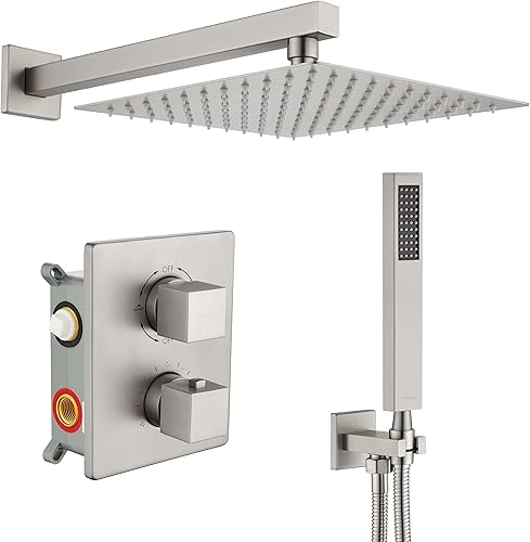 Sistema de ducha termostático con ducha de mano, cabezal de ducha cuadrado negro de alta presión de 10 pulgadas, válvula de ducha deslizante de