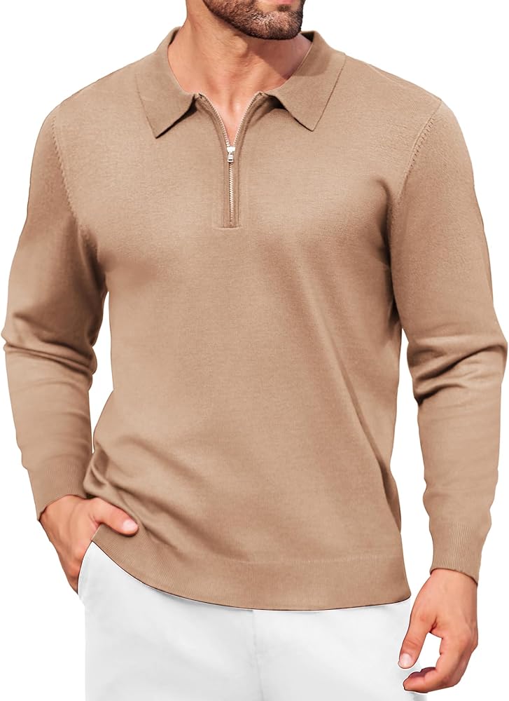 COOFANDY Men's Polo Shirts Quarter Zip Polluver Long Sleeve Knit
