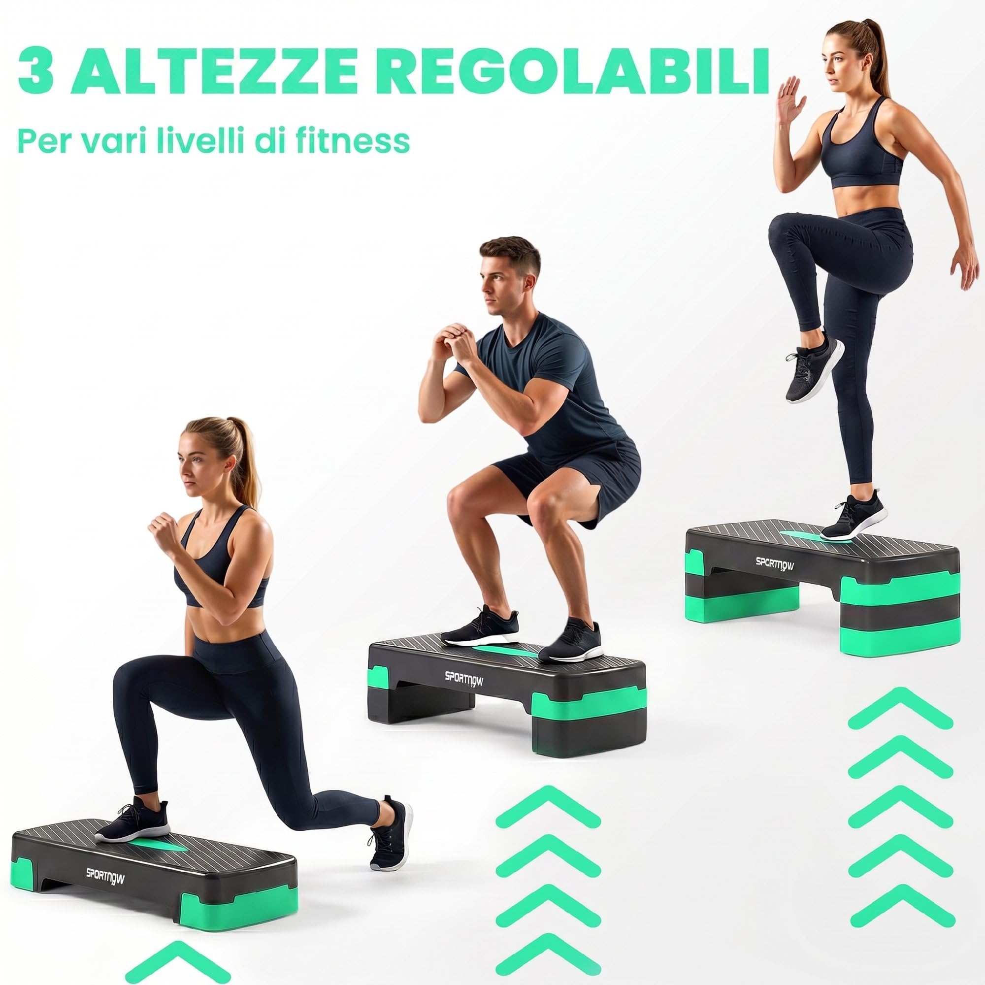 SPORTNOW Stepper Aerobico Regolabile, Step Palestra Altezza 10/15/20cm, Fitness Casa Cardio e Forza, Verde