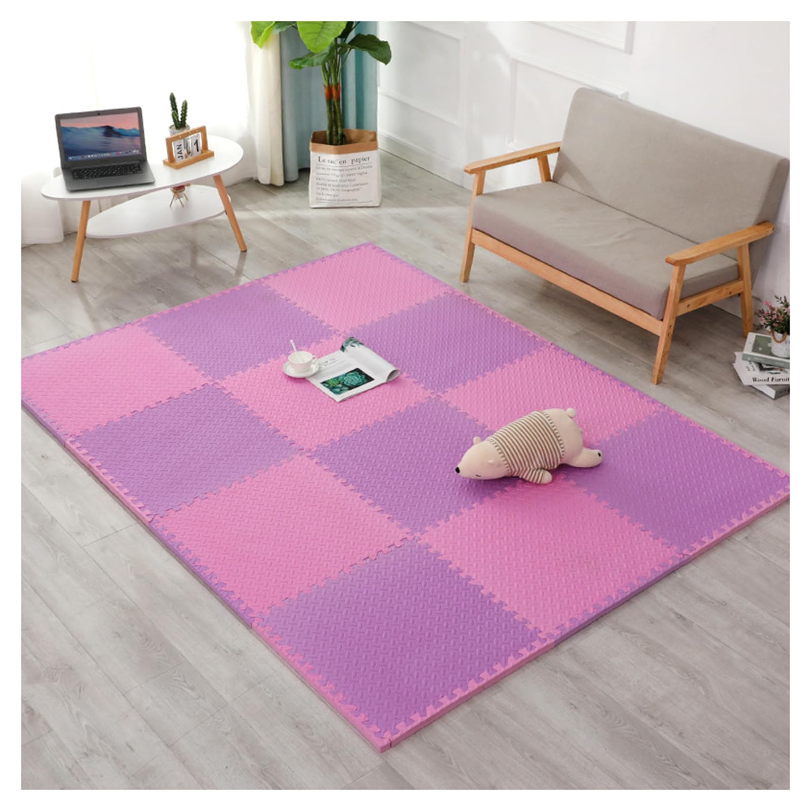 Blokujące piankowe maty podłogowe puzzle do zabawy do domowego sprzętu gimnastycznego 24 m2 różowy i fioletowy 6 szt. Rozmiar: 60 x 2,5 cm