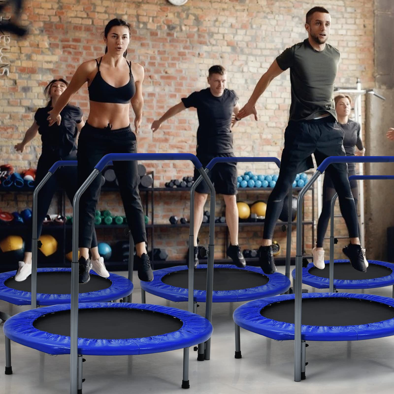 GYMAX Trampoline de Fitness Pliable avec Poignée Réglable à 4 Niveaux, Ressorts en Acier Renforcés, Couverture Rembourrée, Sac de Transport, pour Adultes/Enfants