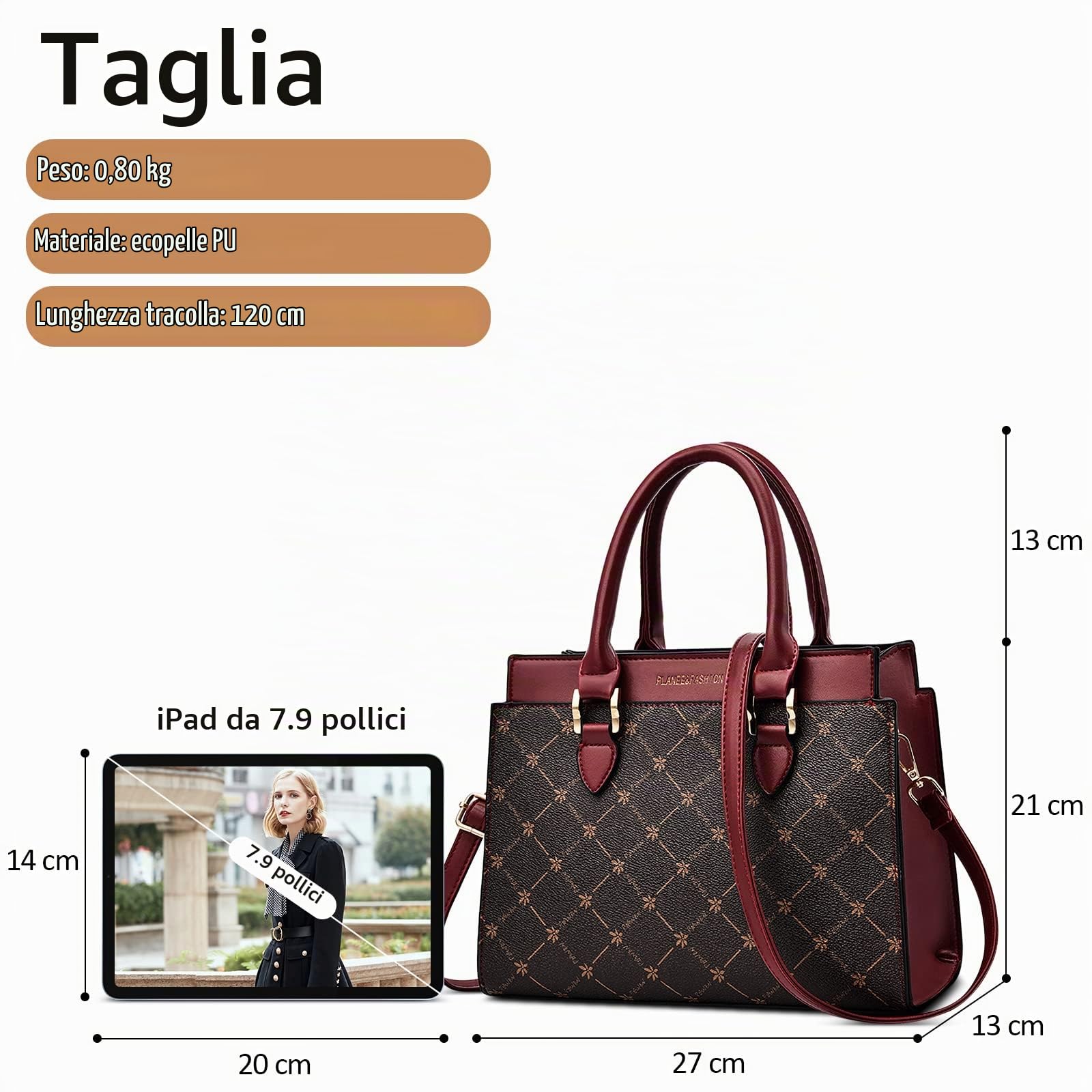 Borsa a Mano Donna in PU Pelle - Tracolla Messenger Con Disegno a Griglia per Viaggio Casual - Tote Rosso A