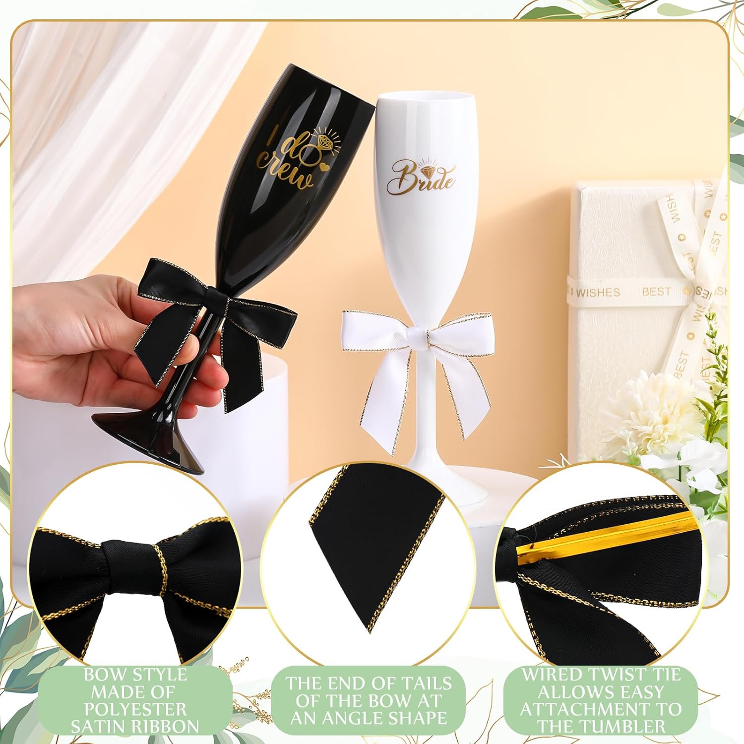 8 Pcs 6OZ Champagne Glasses Flutes and Twist Bow Plastic Wine Glasses Bridal Party Proposal Gifts Party Gifts for Wedding Bridal