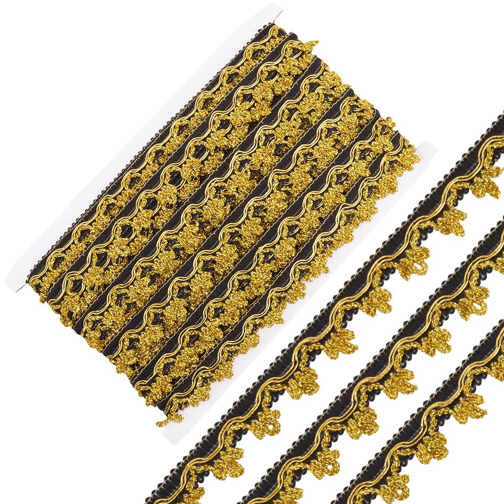 GORGECRAFT 24 Yards Metallic Lace Ribbon Filigree Edging Decorative Trim Gold Black Glitter Flower Wavy Edge Applique Woven Trim Floral Embroidered Fabric Ribbon for Sewing Wedding Bridal Curtain
