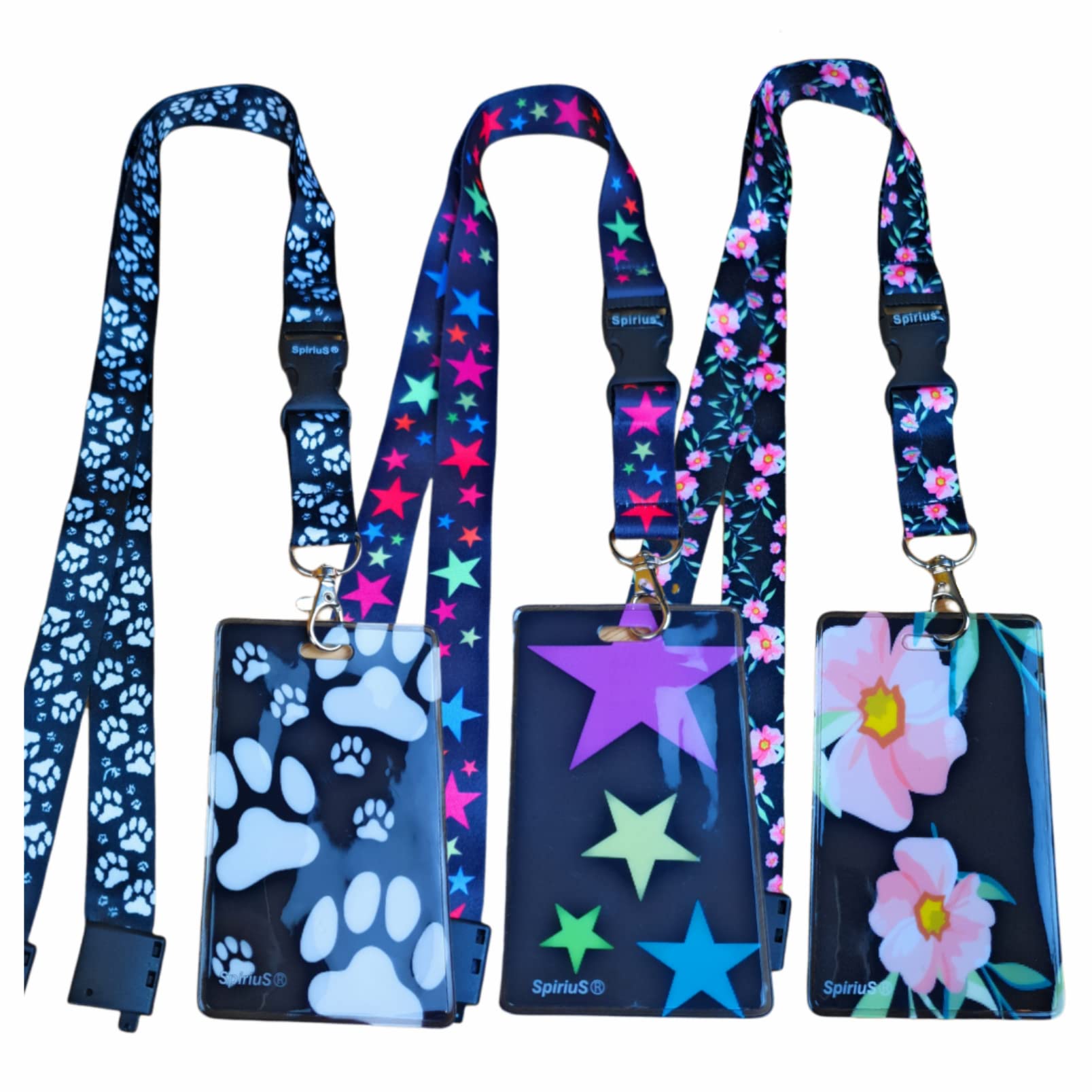 Set of 3 lanyards with Safety Breakaway Clip and Soft Waterproof Card Badge ID Holder deatachable Clip Feature Stars, Paws
