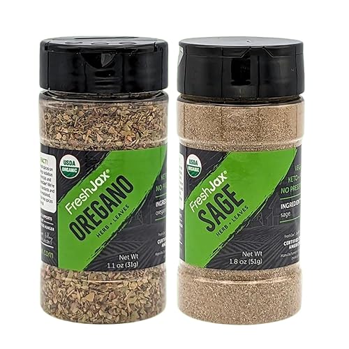 Miniatura 1 de FreshJax Paquete de hojas de orégano trituradas orgánicas y hojas de salvia molida en polvo, 2 botellas grandes, sin OMG, sin gluten, keto, paleo,