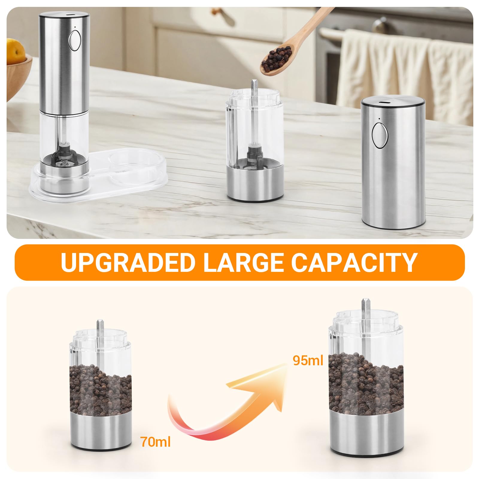 Set macina sale e pepe elettrico,Macinapepe automatici,Macina spezie con macinino in ceramica regolabile con granulometria regolabile,acciaio inox,per cucina e barbecuegrana - Argento