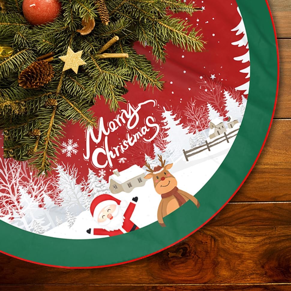 Christmas Tree Skirt Red and Green Tree Skirt Ornaments Soft Plush Christmas Tree Mat with Santa Snow Claus Deer for Decorations Holiday Party Indoor Outdoor 48 Inches