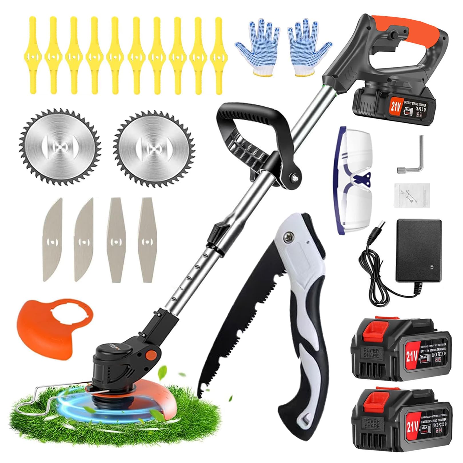 Strimmer，Cordless strimmer with 2 * 21V 2.0Ah batteries, Metal blade strimmers with 3 types of blades, Height Adjustable Battery strimmers/Garden strimmer/Electric strimmer for garden, lawn，villa
