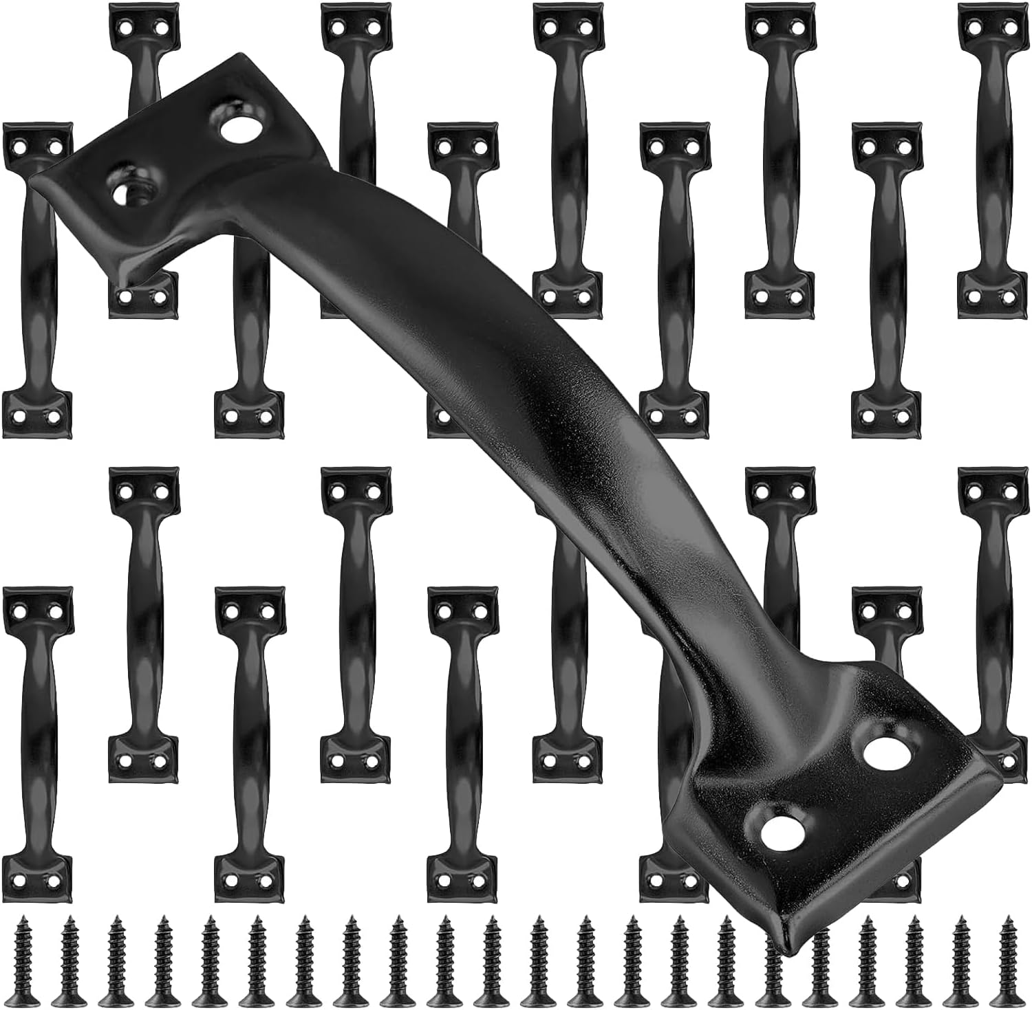 MOUYAT 20 PCS 6 Inch Gate Pull Handle, Black Rustic Cabinet Handles Garage Door Pull Handle with Mounting Screws, Screen Door Handle for Outdoor, Drawer