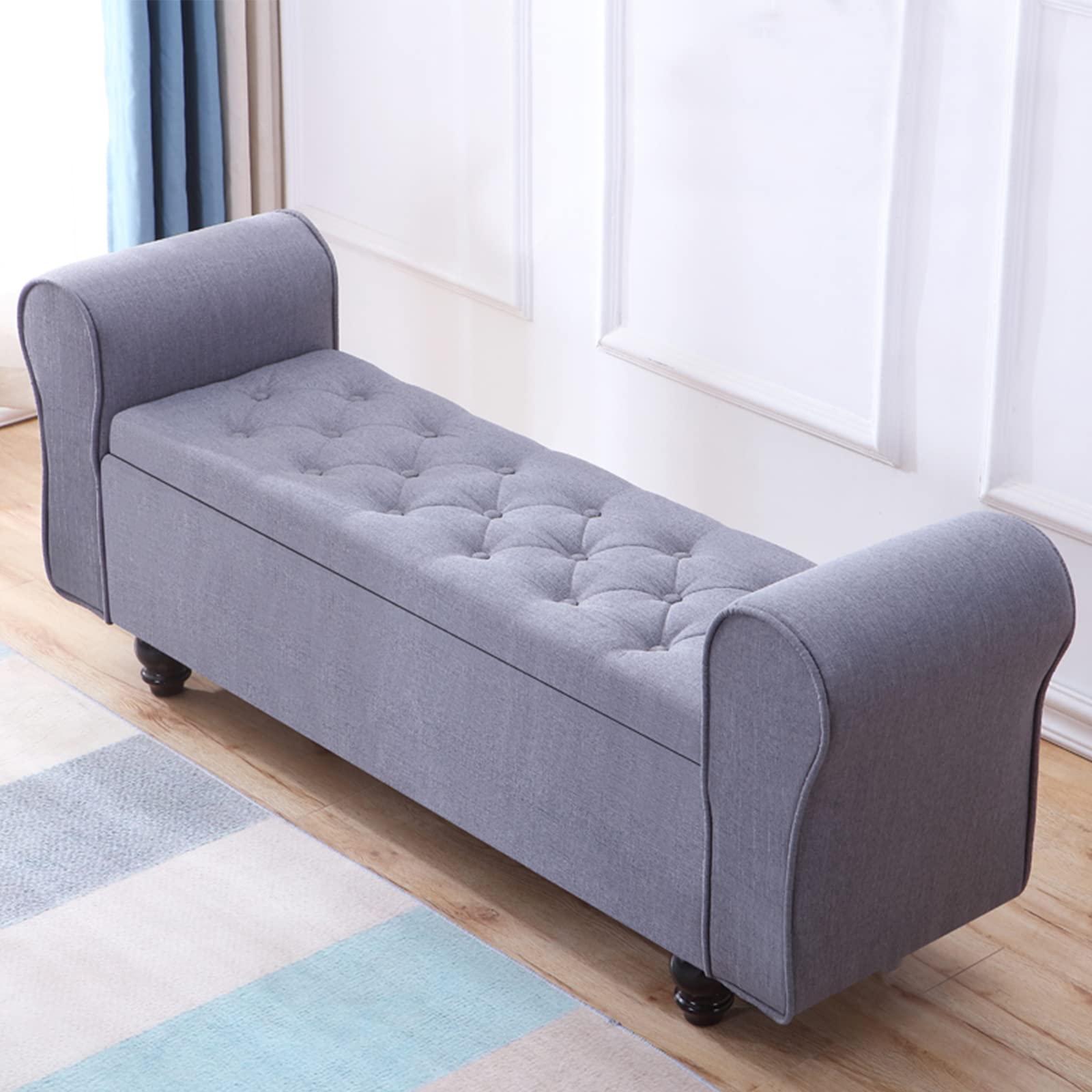 LMMIAOZ Vintage Grey Linen Upholstered Storage Ottoman Bench with Large Capacity Wood Legs Perfect for Bedroom or Living Room 100x40x40cm