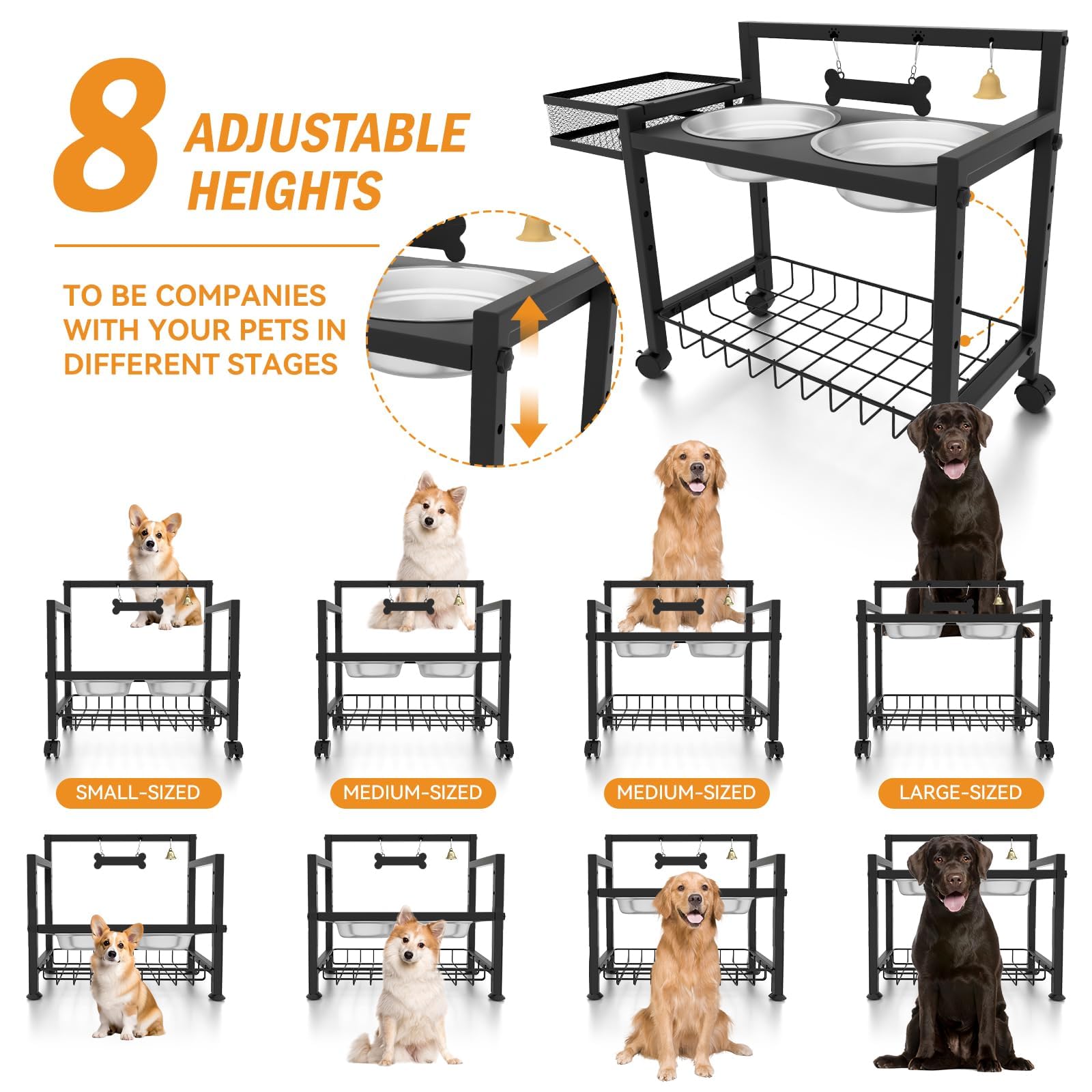 ANGELOYANG Elevated Dog Bowls With Wheels, Stainless Steel Raised Dog Bowls Stand Adjustable 8 Heights, 6.3"-14.17", for Medium & Large Sized Dogs, with Slow Feeder&Stainless Steel Bowl for Food&Water