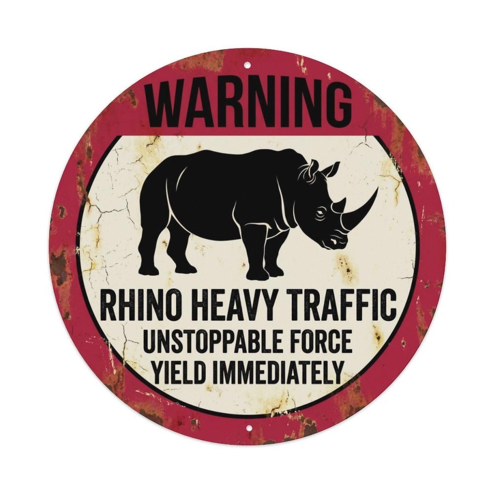 Fqcyn Style Bossy Rhino Heavy Traffic Metal Tin Sign Plaque Wall Decor For Cafe, Club Bar, Office, Home Garden Round Metal Poster 8X8inch
