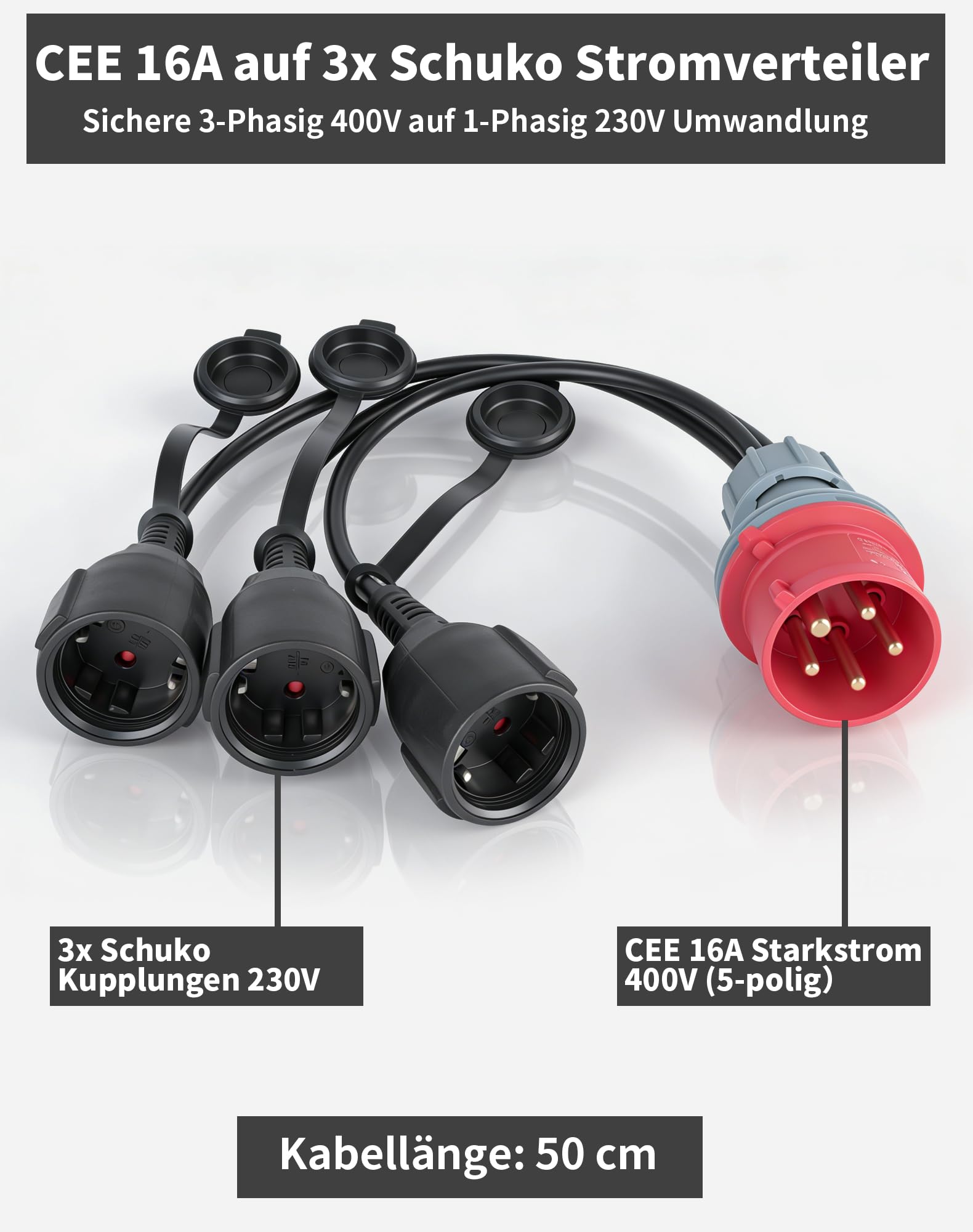 Adaptateur CEE 16A 400V vers 230V 3 Prises Schuko, Répartiteur CEE 5 Broches avec Câble 50 cm H05VV-F IP44, Convertisseur Prise CEE vers 3 Sorties 230V pour Chantier Camping Atelier Caravan