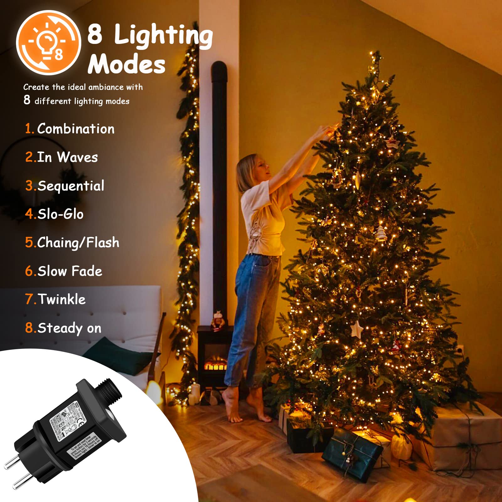 cshare Bożonarodzeniowy łańcuch świetlny na zewnątrz, 20 m, 200 diod LED, prąd z timerem, 8 trybów pracy, wodoszczelny, na choinkę, do ogrodu, na zewnątrz, do wnętrz, ciepła biel