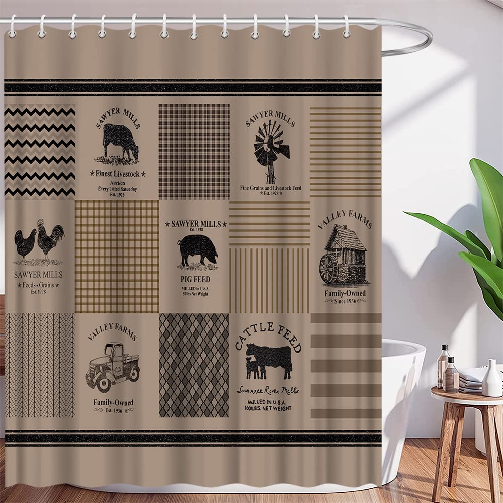 AMHNF Farmhouse Shower Curtain Rustic Sawyer Mill Farm Animal Truck Windmill Plaid Retro Home Bathroom Decor Quick Dry Fabric with 12 Hooks?70x70 Inch,Black Khaki Beige