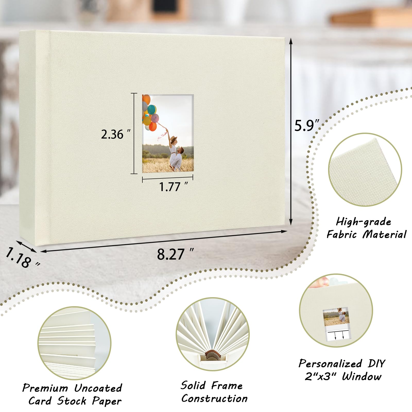 Instax Mini-Fotoalbum mit Platz zum Schreiben, 52 Taschen, Leineneinband mit Frontfenster, kompatibel mit Fujifilm, Polaroid, HP-Kettenrad & KPOP-Fotokarten, kuword Premium-Fotobuch, Geschenk, Beige