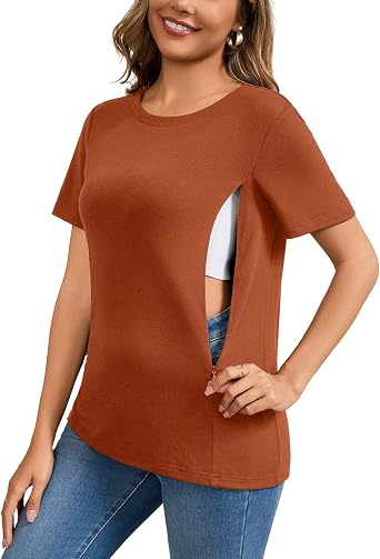 GINKANA Womens Nursing Shirts Short Sleeve Breastfeeding Tshirt with Hidden Zippers Loose Fit Nursing Tops
