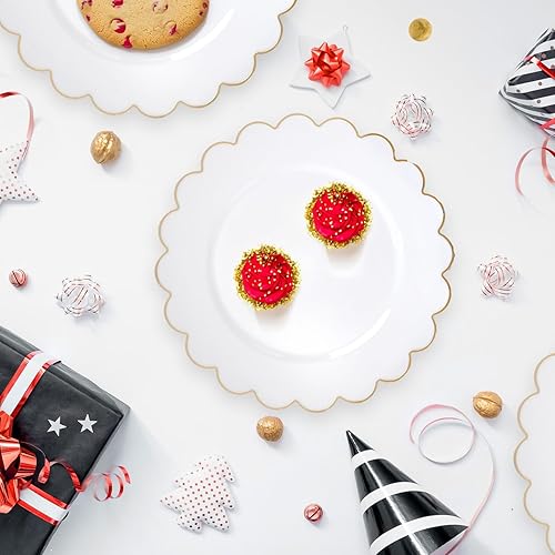 Miniatura 3 de Sparkle and Bash Platos de plástico blanco con borde festoneado dorado (9 pulgadas, 50 unidades)