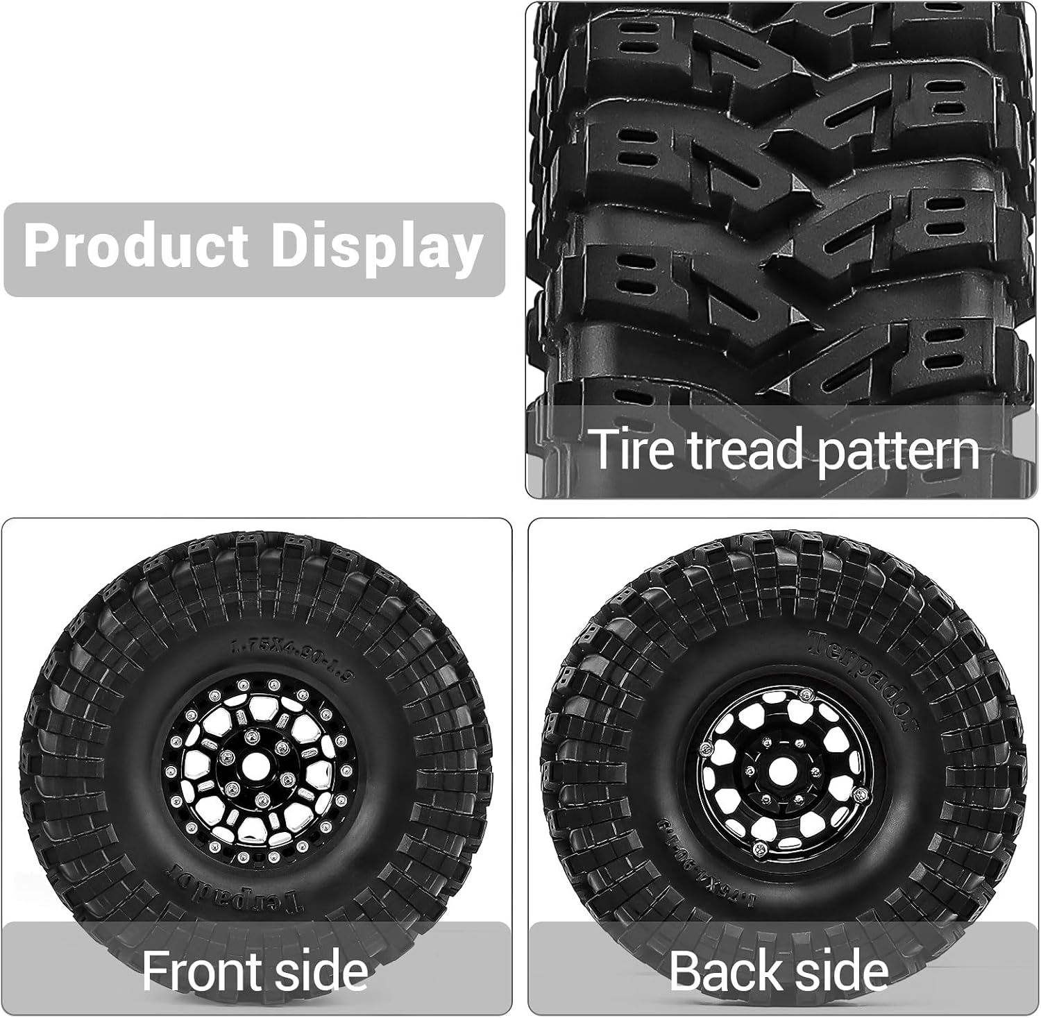 1.9" Beadlock Wheels and Tires 124mm (4.9in) for TRX4 SCX10 1/10 RC Crawler Upgrade Parts (Black, 4pcs)