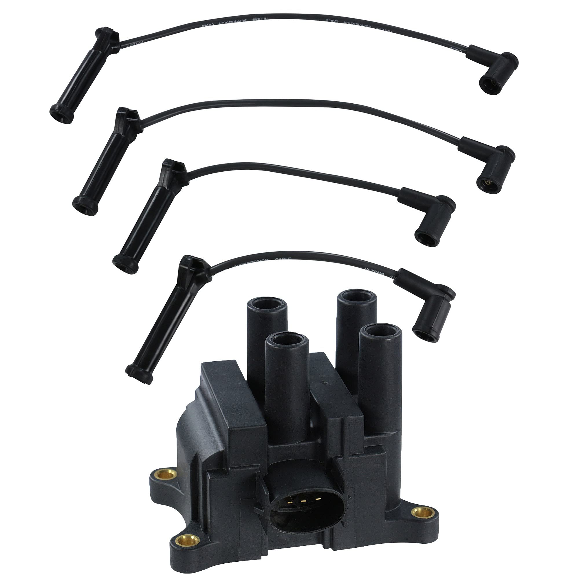 BESTPRICE 1x bobina di accensione a 3 poli modulo di accensione 12V + 4x cavo di accensione set cavo di accensione Adatto per FORD FIESTA IV (JA_, JB_)