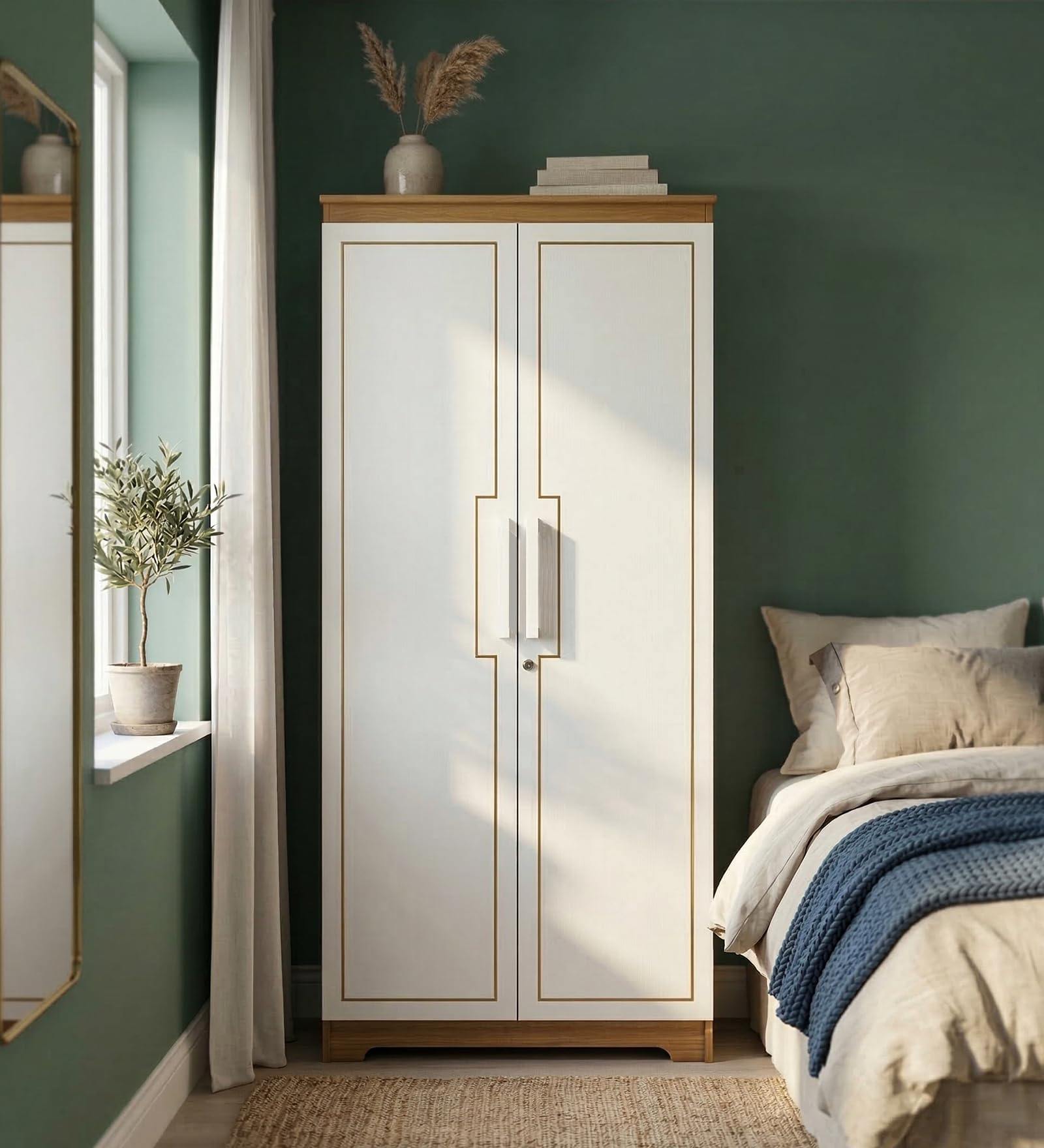 NEUDOT Amber Delight Engineered Wood 2 Door Wardrobe | Wardrobe with Hanging Rodes and Lock | Storage Organizer | Multipurpose Almirah | 4 Shelves, 1 Year Warranty | White Doors