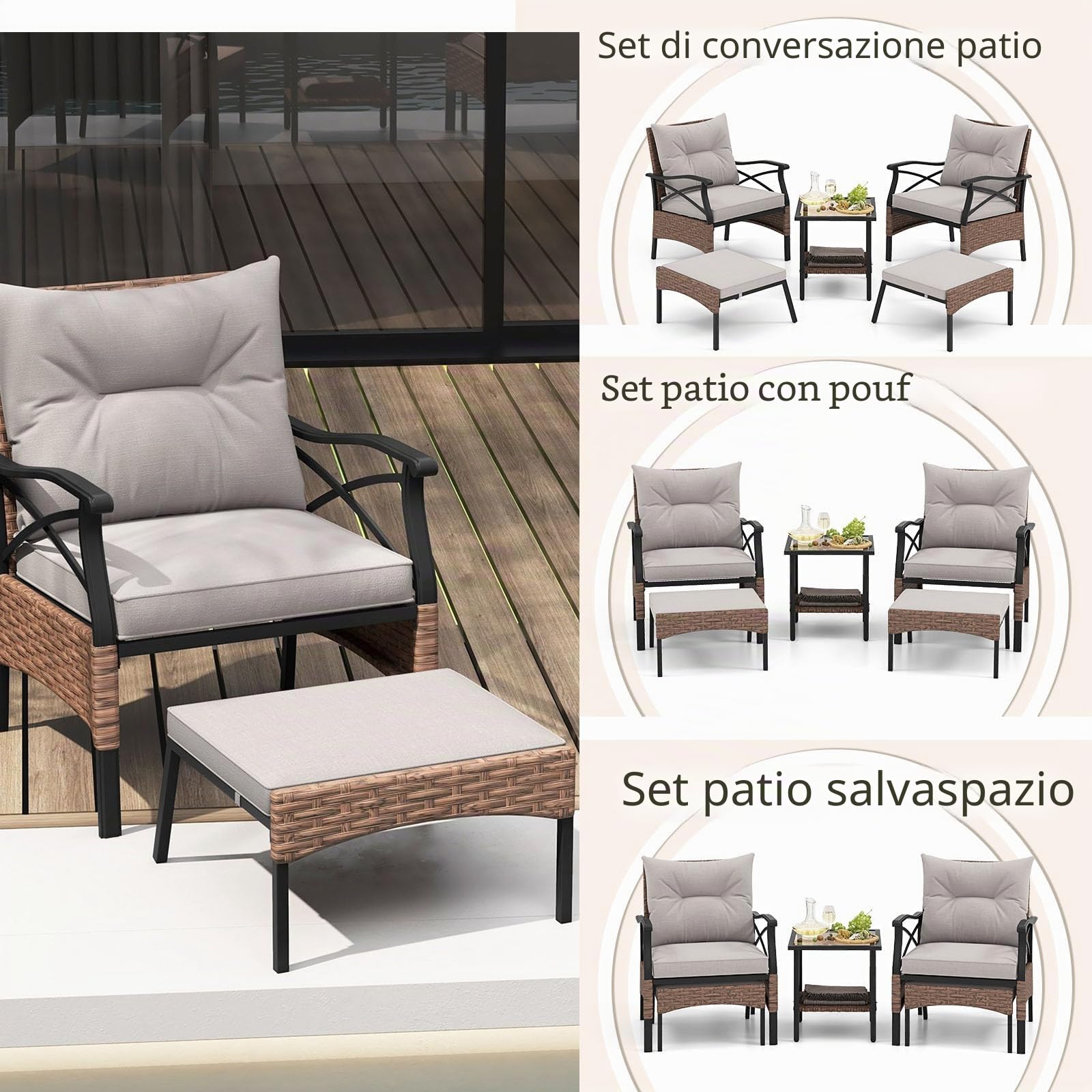 LIFEZEAL Salotto da Giardino in Rattan PE 5 Pezzi, 2 Poltrone con Cuscini, 2 Poggiapiedi, Tavolino in Vetro, Marrone