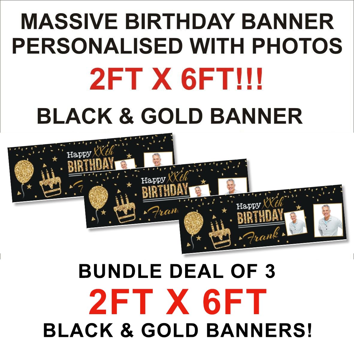 Oferta pakietu 3 czarno-złotych spersonalizowanych banerów urodzinowych ogromny ogromny 6 x 6 stóp i dostajesz 3 z nich!! Spersonalizowany obraz i tekst, nie na tanim papierze nadrukowanym na winylu